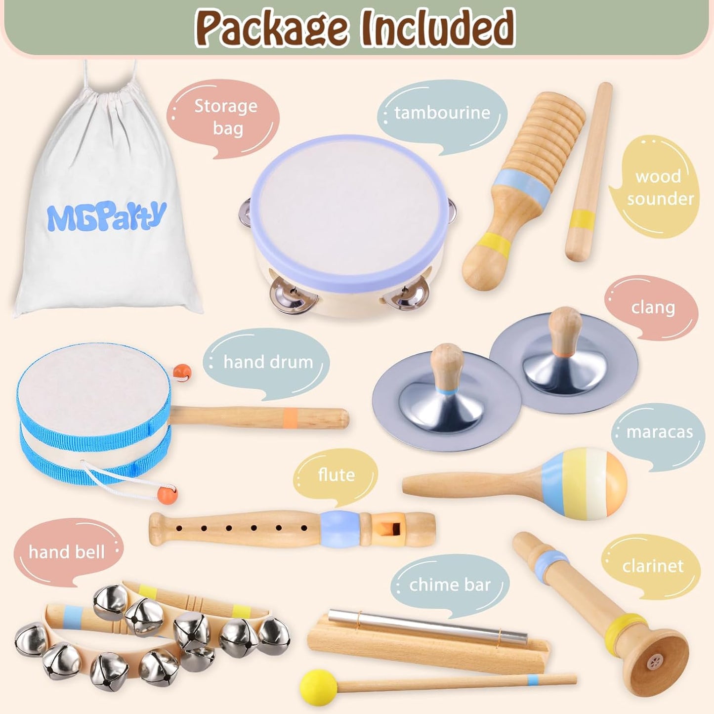 Montessori Musical Instruments for Toddlers, Wooden Baby Music Set with Drum, Flute, Clarinet, Chime Bar, Bells Cymbals, Natural Sensory Learning Toys for Boys Girls 1-3 Years Old
