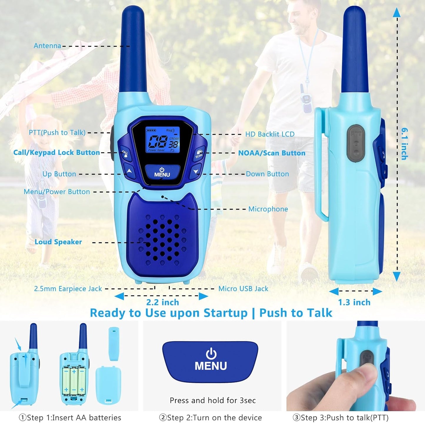Walkie Talkies for Kids Long Range Walkie-Talkie for Adults Rechargeable 2 Way Radios 3 Pack with Lanyard 4 Miles NOAA USB VOX, Family Toys for 3-12 Year Old Boys Girls Toddlers Camping Hiking