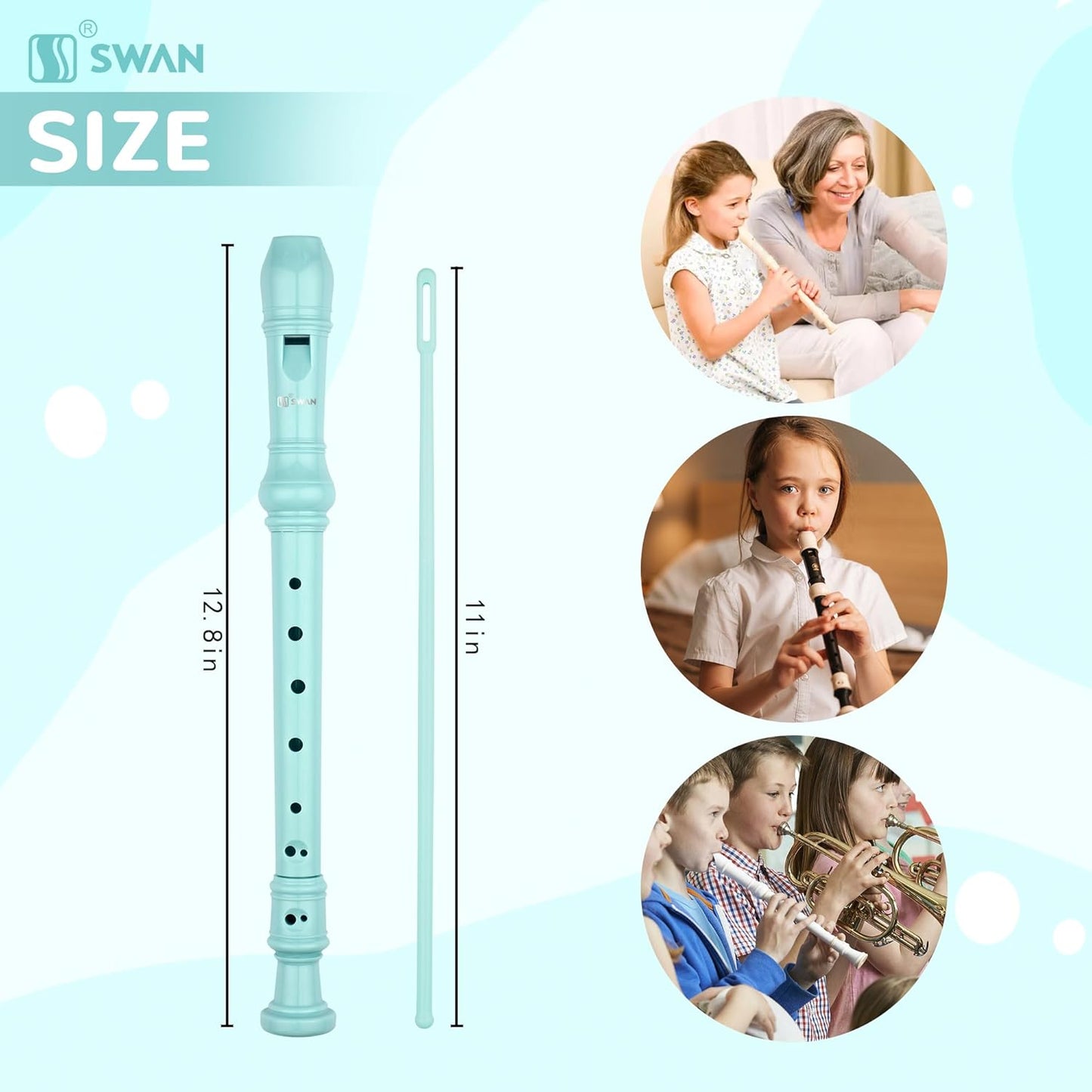 SWAN Soprano Recorder Instrument for Beginners Kids Student - German Fingering 8 Hole Flute Detachable 3pcs ABS Descant Recorders with Cleaning Rod and Fingering Chart, SW8K, Baby Blue