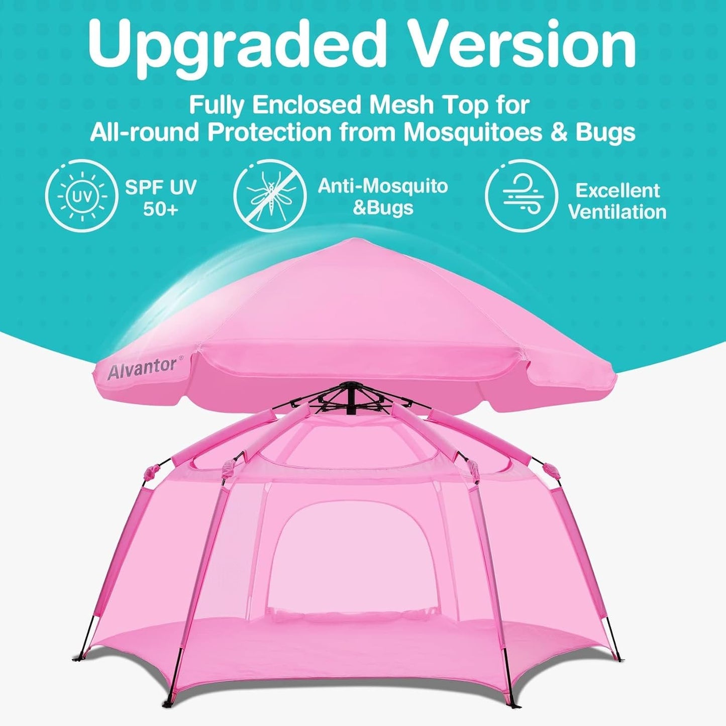 Alvantor Pop Up Playpen- 7'x7'x44”Baby Playpens Large Kids Play Tent Portable and Foldable Playpen Indoor/Outdoor Play Yard with Protective Mesh, UV SPF 50+ Sunshade, and Soft Foam Floor, Pink