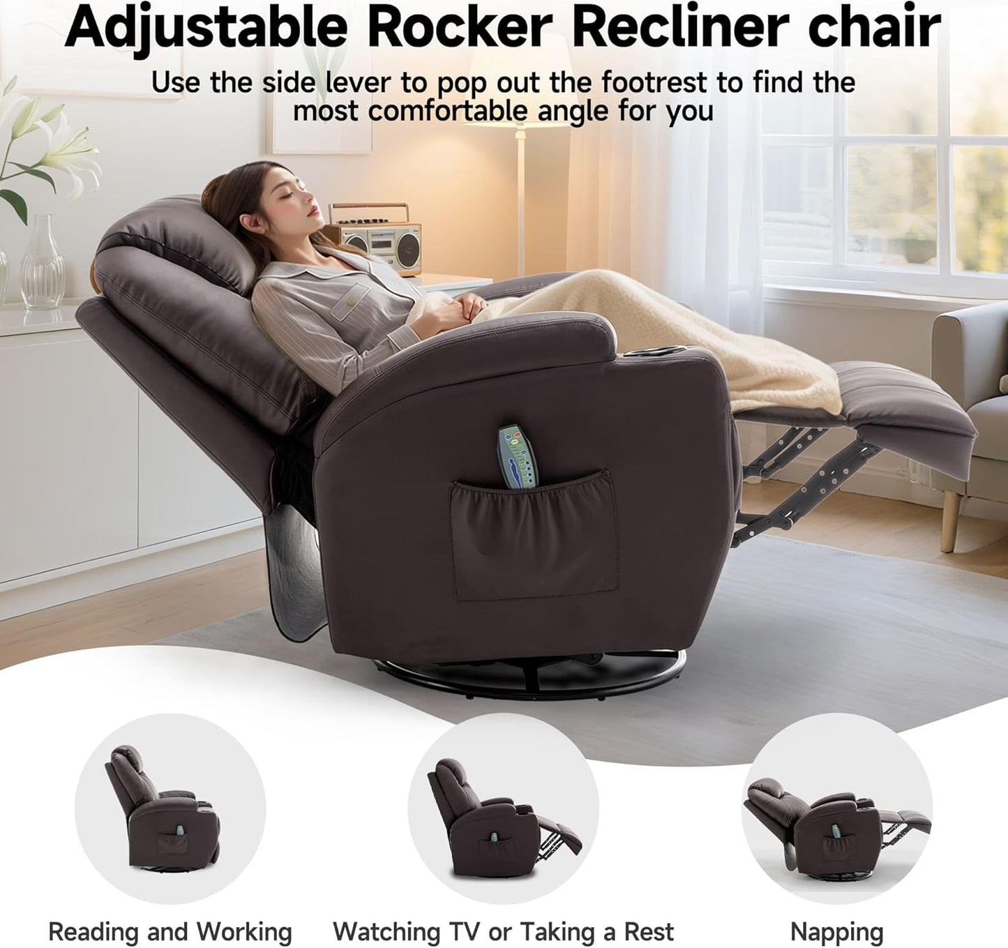 Recliner Chair, Rocker Recliner Chair with Massage and Heat, Manual Recliner Chairs for Adults, 360° Swivel Rocker Recliner with Remote Control and Cup Holder for Living Room, Nursery