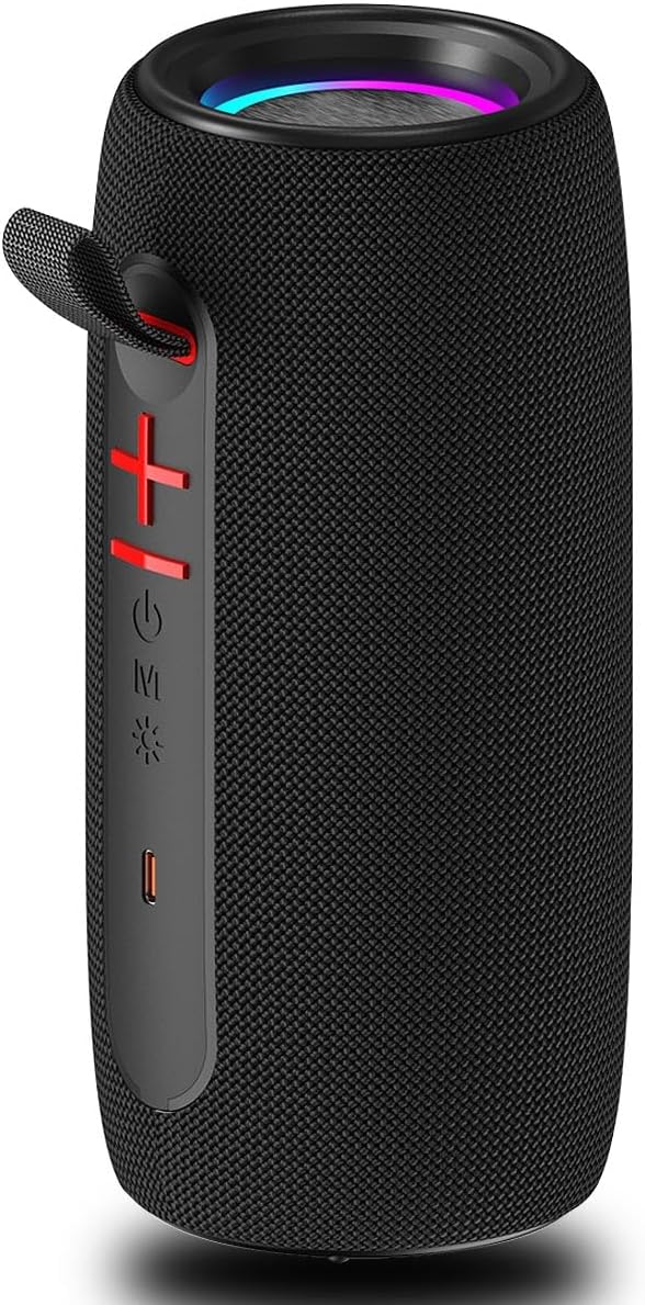 Wireless Portable Bluetooth Speaker: IPX6 Waterproof Outdoor Audio,fm Radio,USB/AUX/SD Card Play,LEDlights,TWS interconnected Stereo,Travel/Camping/Bike/Family/Party（Black）