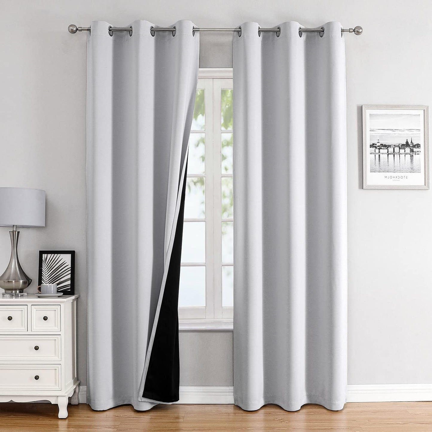 ChrisDowa 100% Blackout Curtains 72 inch Long for Bedroom with Black Liner, 2 Thick Layers Total Blackout Thermal Insulated Grommet Window Curtains 2 Panels Set (Greyish White, 42 x 72 Inch)