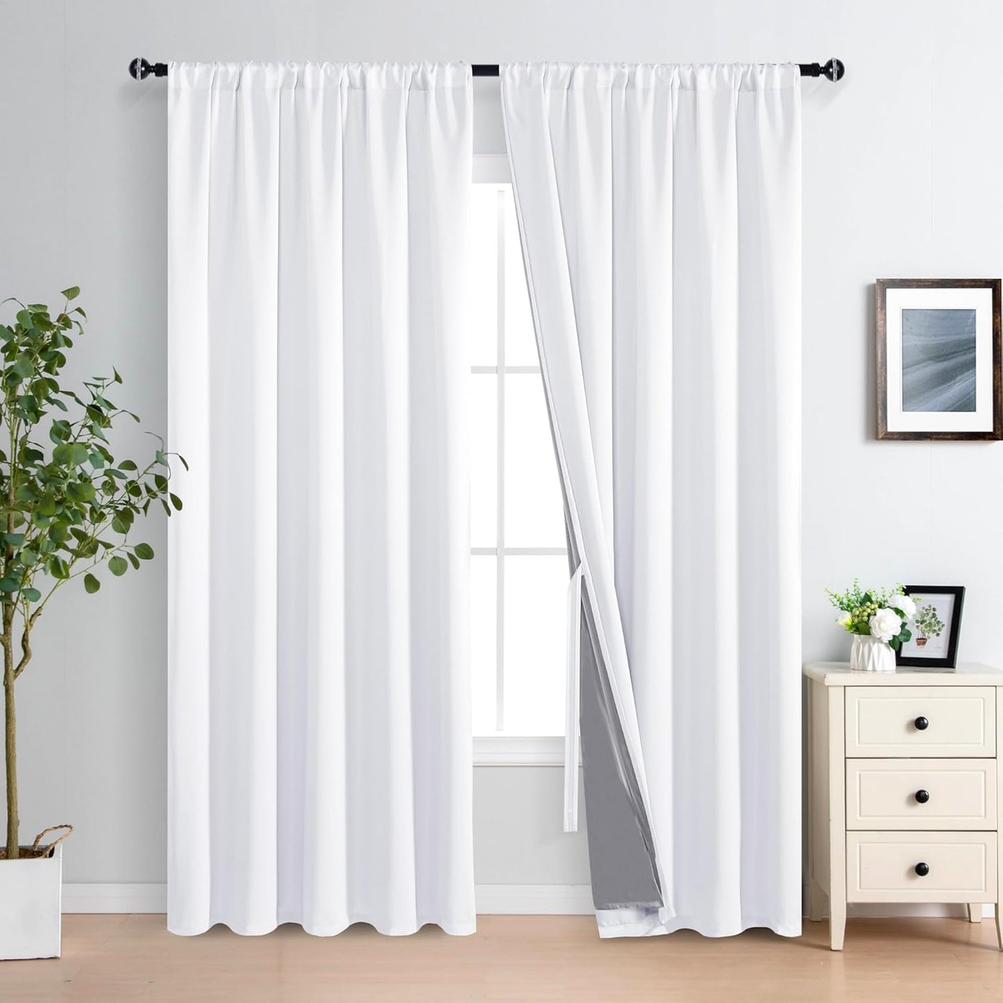 XWZO 100% Blackout Curtain 84 Inches Length 2 Panels Set - Extra Wide Rod Pocket Thermal Insulated, Noise Reducing & Heat Blocking Drapes for Bedroom with Tiebacks, White, W70 x L84, 2 Pieces