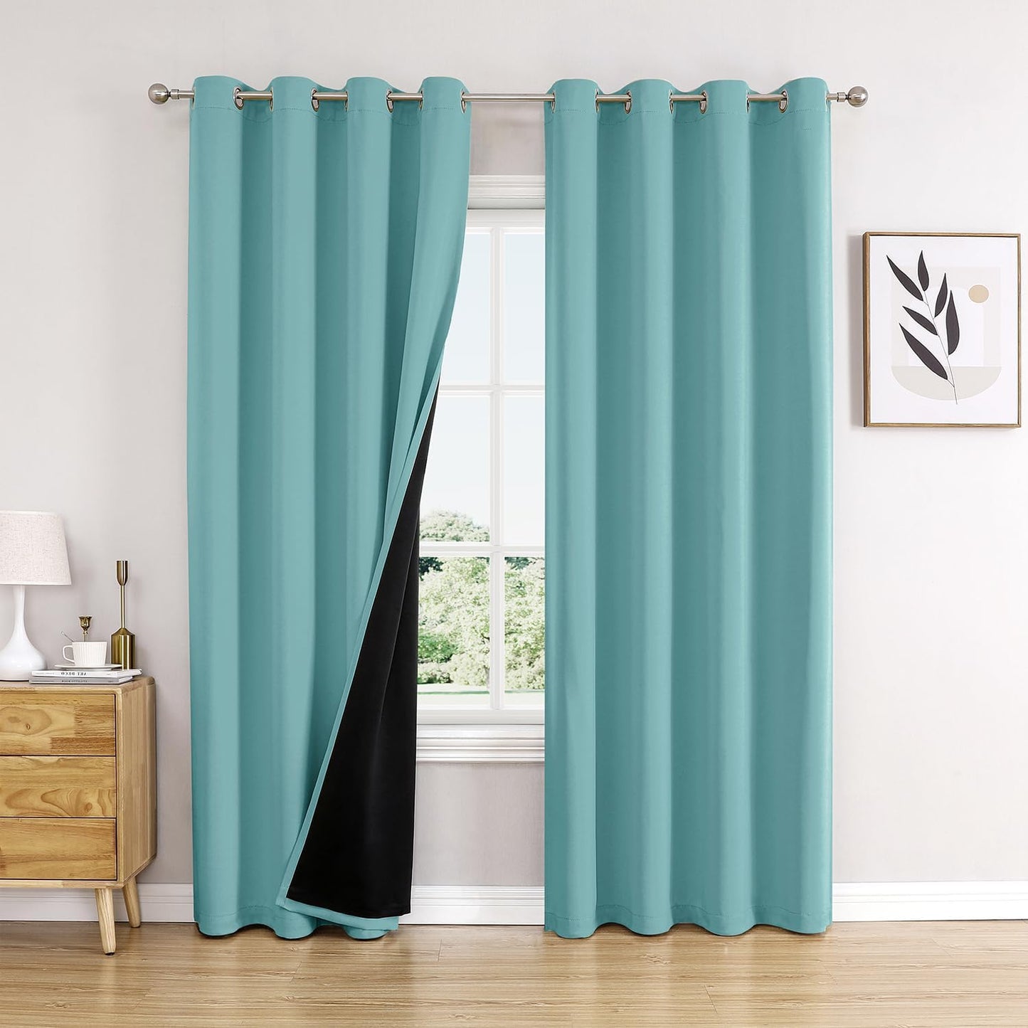 ChrisDowa 100% Blackout Curtains 90 inch Long for Bedroom with Black Liner, 2 Thick Layers Total Blackout Thermal Insulated Grommet Window Curtains 2 Panels Set (Aqua, 52 x 90 Inch)