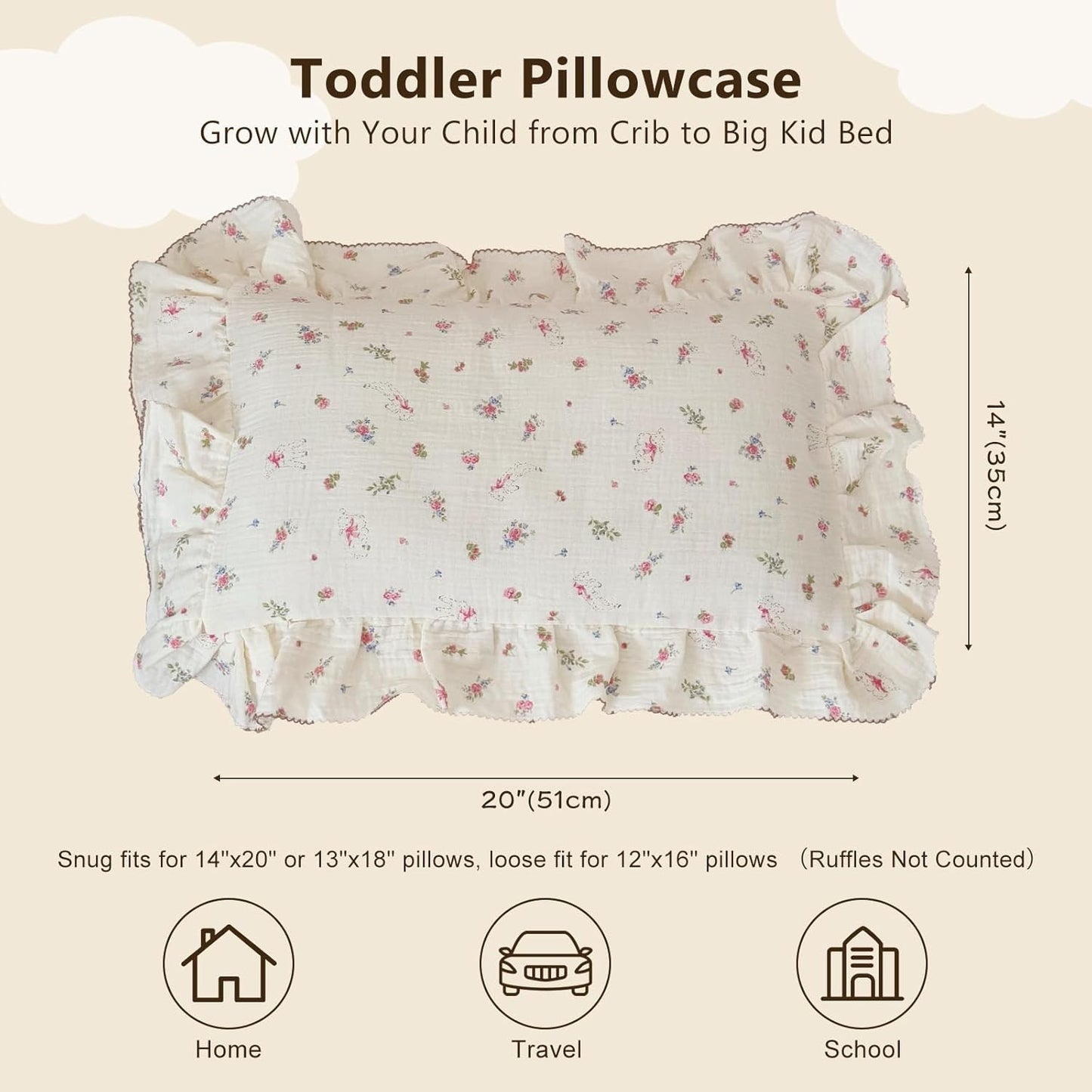 BuLuTu 2 Layers Muslin Cotton Toddler Pillowcase, 1 pc, 14"x20", Cute Pink Flower with Sheep Pattern Small Pillow Cases for Toddler Girls Boys Soft Breathable Pillow Covers, Envelope Closure