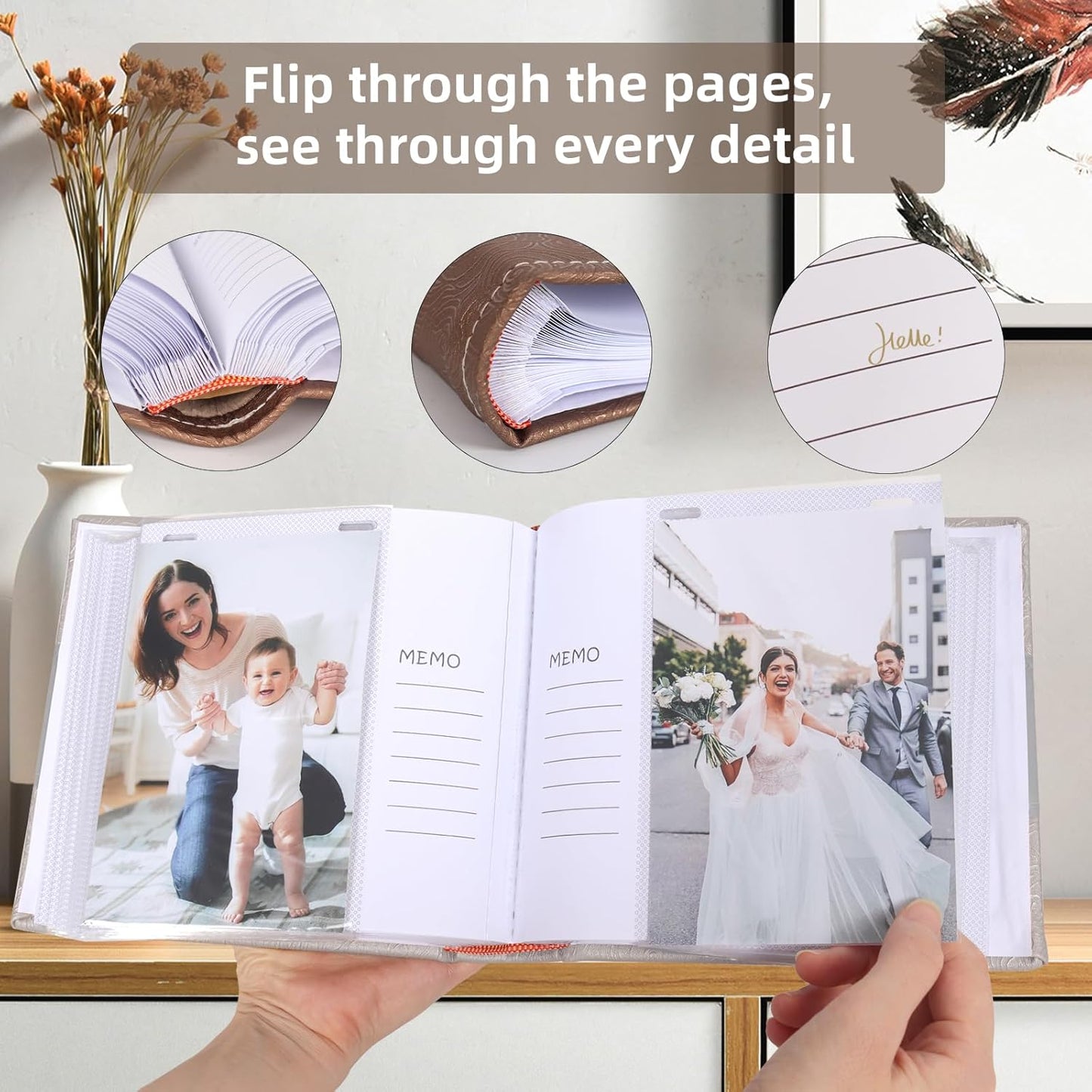 RECUTMS Photo Album 4x6 with Writing Space 100 Photos Photo Book, Leather Cover Picture Album with Memo Areas for Wedding Anniversary Family Baby Couple Valentines Graduation Travel (Grey)