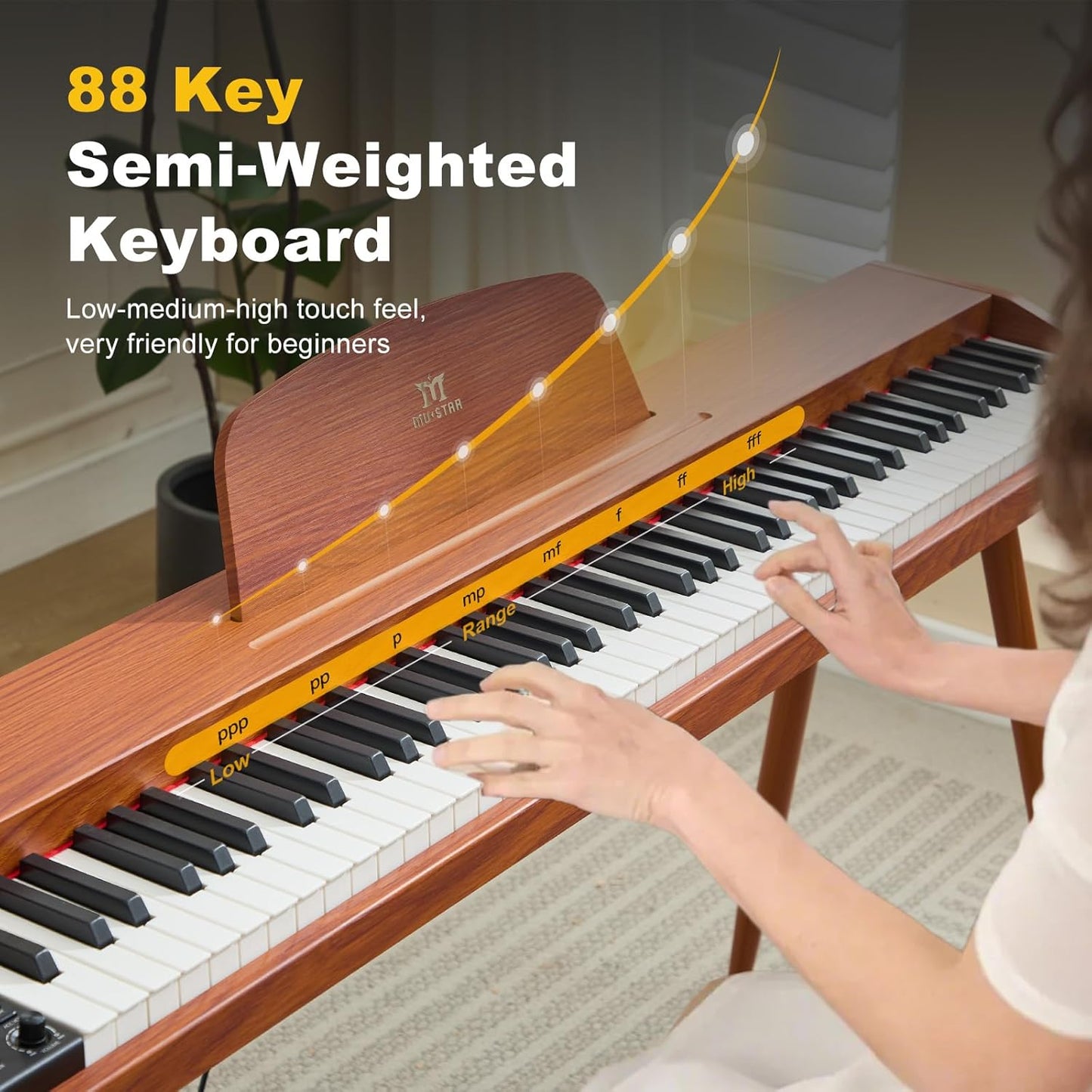 MUSTAR 88 Key Piano Keyboard for Beginners, Semi Weighted Electric Piano Keyboard 88 Keys, Portable Digital Piano 88 Key Weighted with 3-Pedal Unit, Built-In Speakers, USB/MIDI Connecting (Brown)