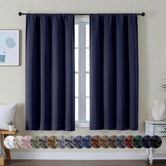 Simplebrand Ava Navy Blue Short Blackout Curtains for Bedroom 45 Inches Long 2 Panels Set, Solid Thermal Insulated, Energy Saving Window Treatment Curtains Blackout Drapes, W40 x L45 Inch, Navy Blue