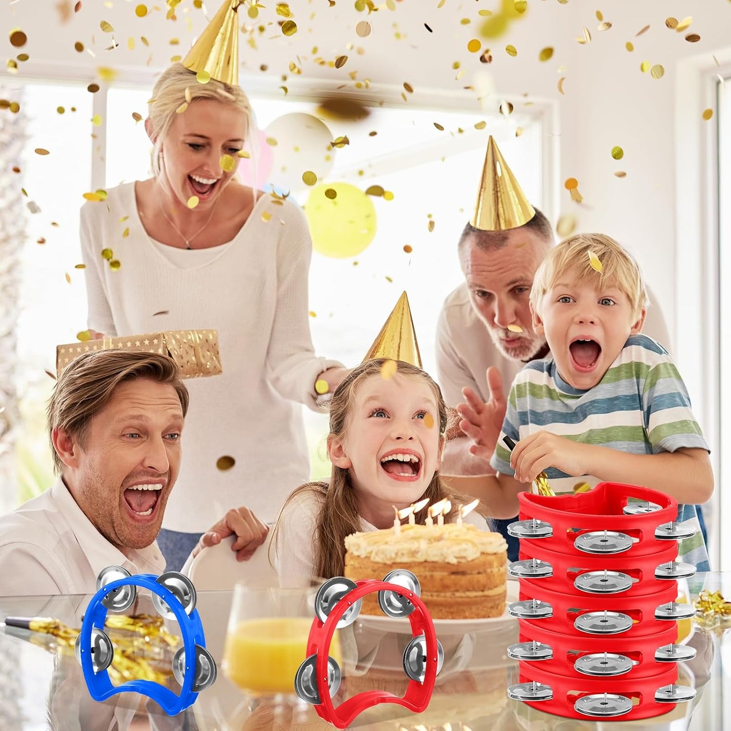 Yeshone 30 Pack Tambourine for Kids Adult Tamborines Musical Instrument Noise Makers 4 Bells Handheld Tambourines for Back to School Supplies Church Wedding Operation Christmas(Red and Blue)