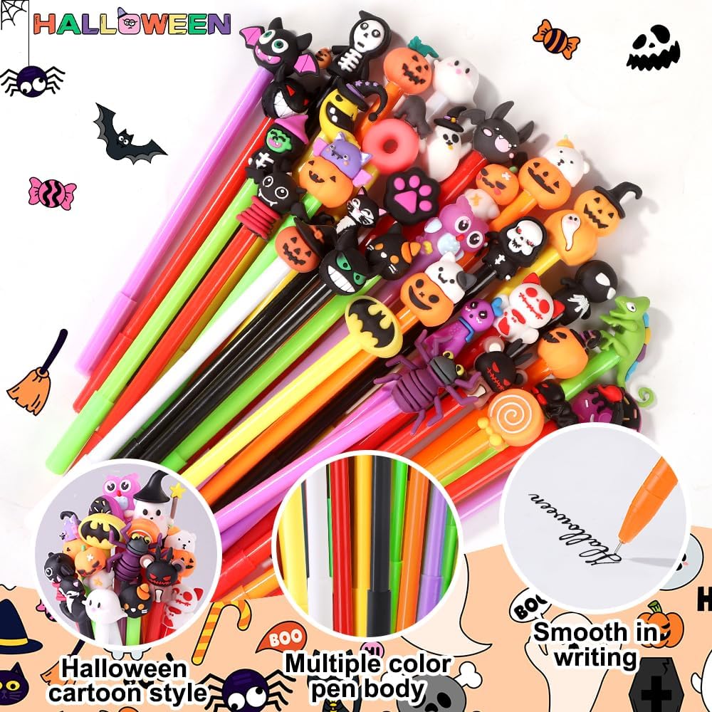 50pcs Halloween Gel Ink Pens,35 Styles Cute Cartoon Halloween Black Ink Pens for Kids Pumpkin Ghost Skull Bat Bulk Novelty Assorted Stationery for School Office Supplies Party Favors