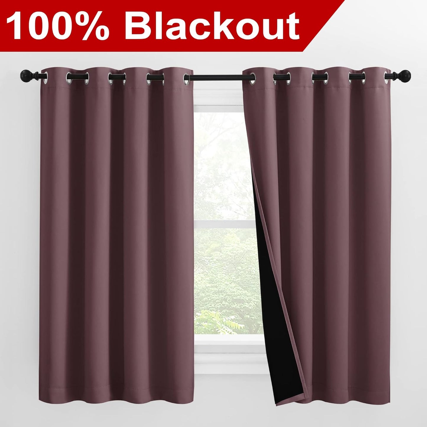 NICETOWN Warm Curtains for Winter, Bedroom Full Blackout Curtain Panels, Great Job for Blocking Light, Complete Blackout Draperies with Black Liner for Night Shift (Dry Rose, Set of 2, 55 by 57-inch)