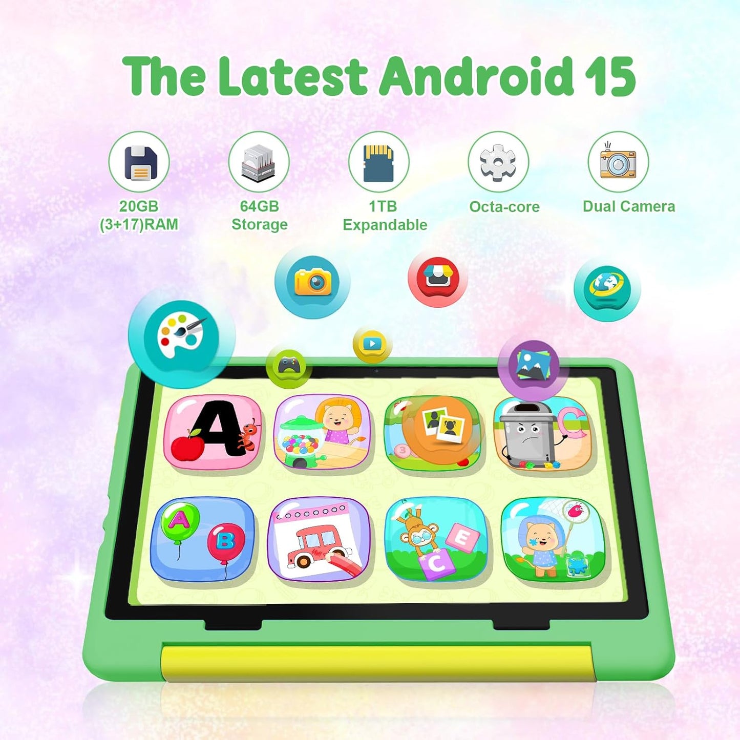 Kids Tablet,Android 15 Tablet with HD Display,10.1 inch,Parental Control & Kids Mode, Octa-Core, GMS Certified,20GB RAM 64GB ROM,1TB Expandable, 5000mAh Battery, Dual Camera, Protective Case,Green