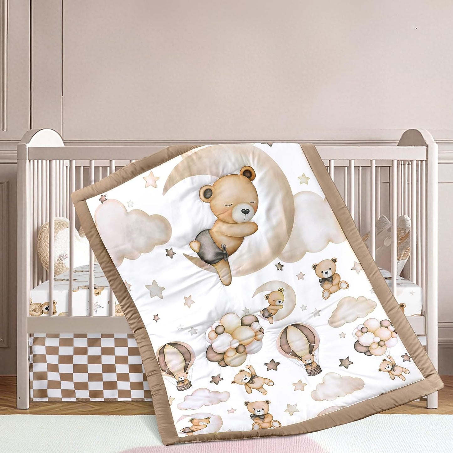 3 Pcs Baby Crib Bedding Set Safari Animals Dinosaurs Bear Woodland Animals Jungle Crib Set Includes Quilt, Fitted Sheet, Skirt for Baby Boy Girl(Brown,Teddy Bear)