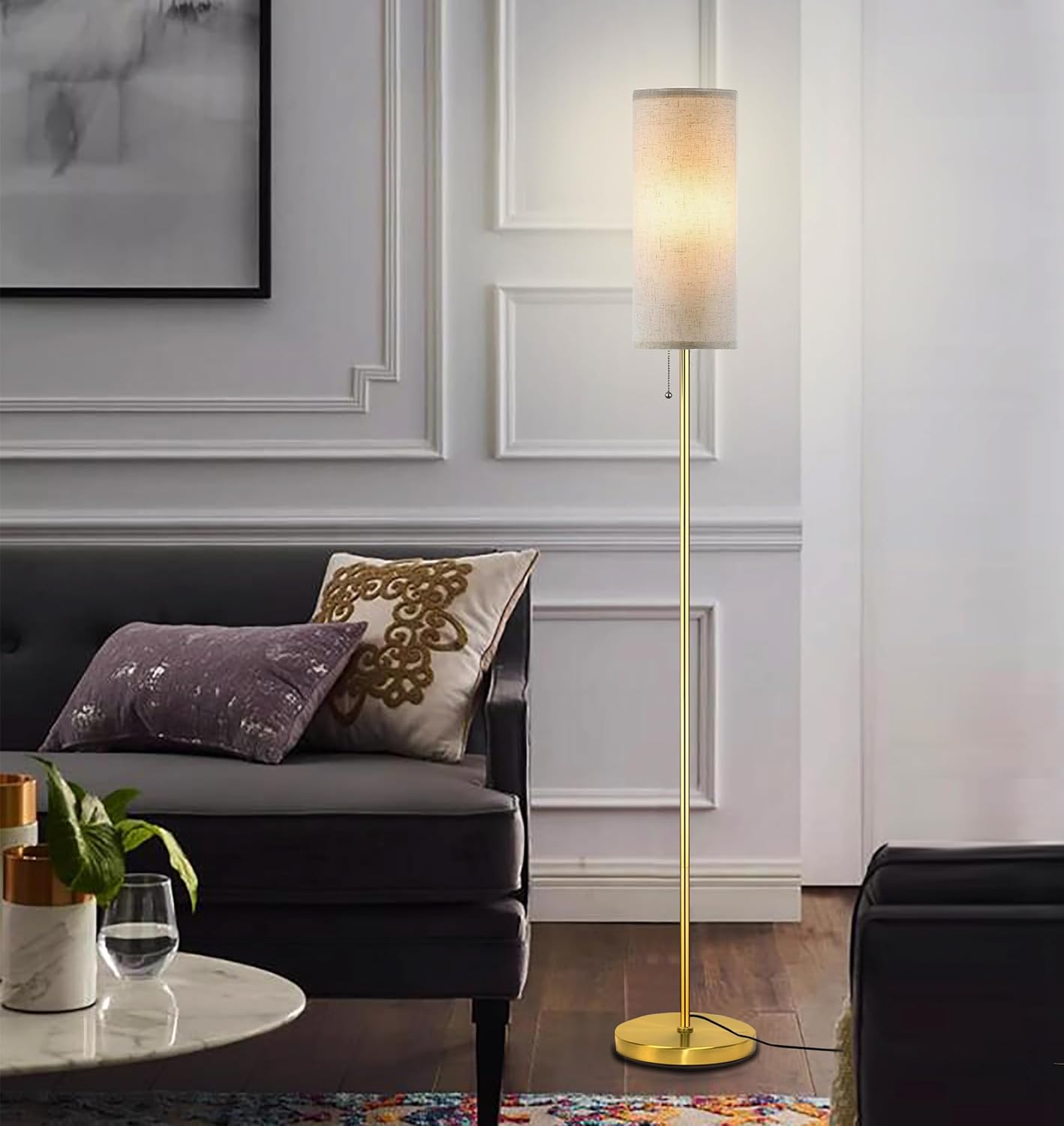 Modern Floor Lamp for Living Room, Gold Standing Lamps with 3 Color Temperatures Bulb, Minimalist Tall Lamp with Chain Switch for Bedroom, LED Bulb Included(Beige Shade+Gold)