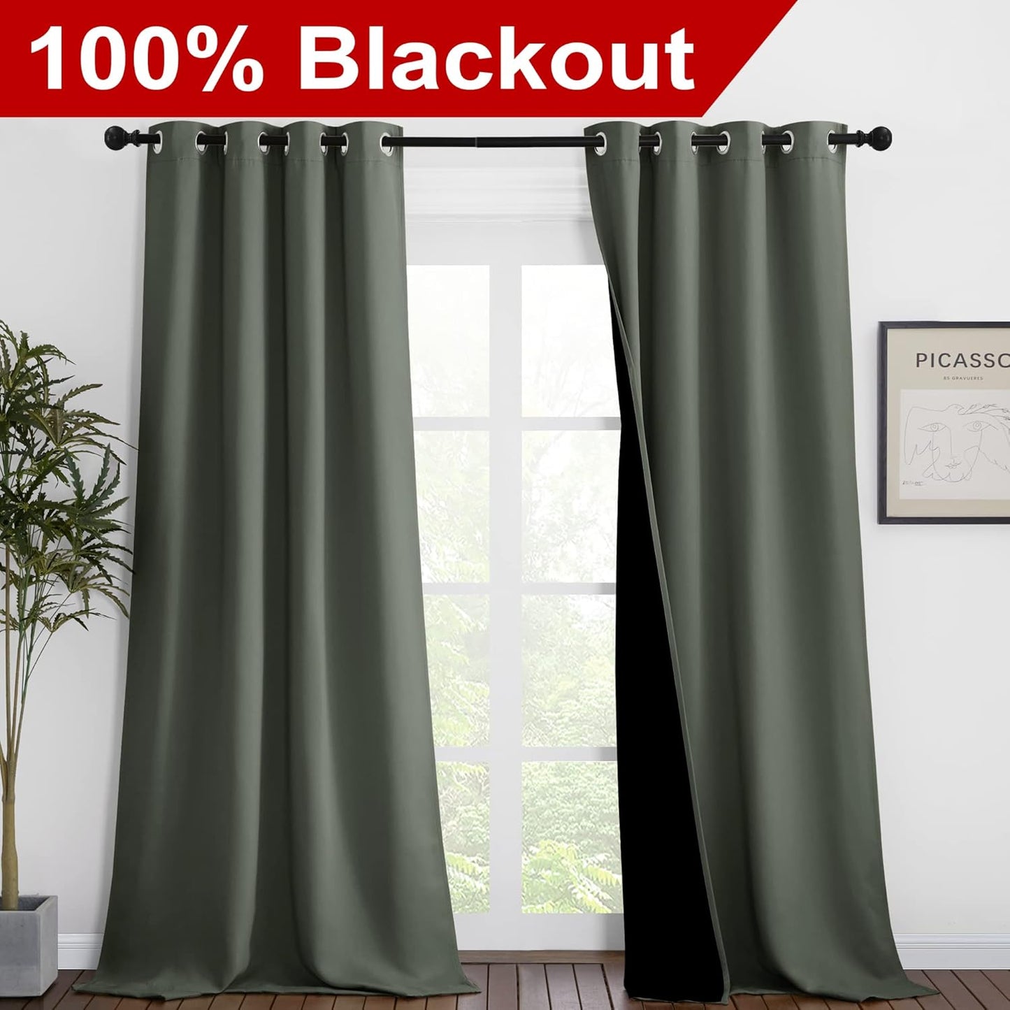 NICETOWN Dark Mallard Blackout Curtains 90 inches Long, Full Light Blocking Drapes with Black Liner for Nursery, Thermal Insulated Draperies for Hall, Villa (2 Pieces, 46" Wide per Panel)