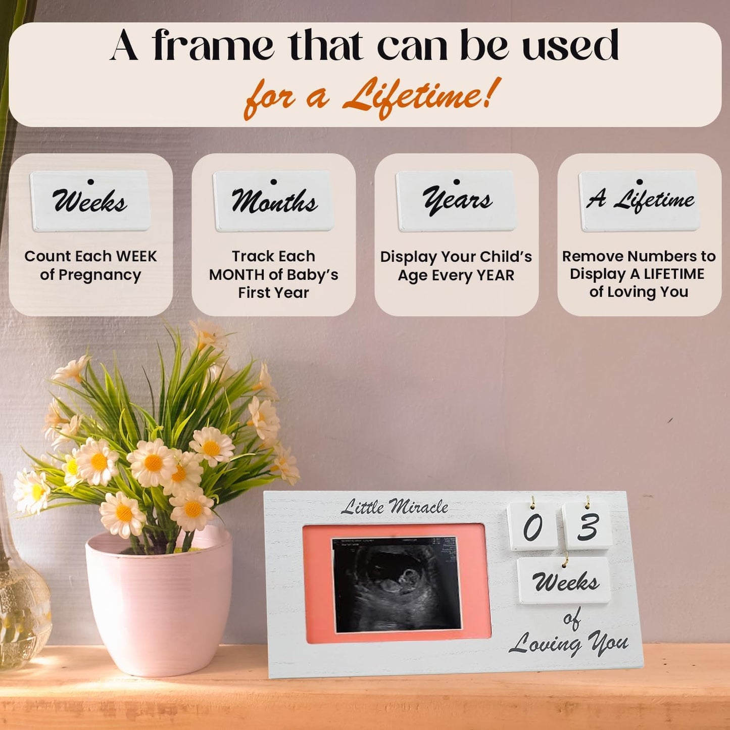 White Ultrasound Sonogram Picture Frame with Milestone Tracker – Elegant Wooden Keepsake for Expecting Parents – Nursery Décor Gift for New Moms – Countdown Tiles Included – 12" x 6" Design