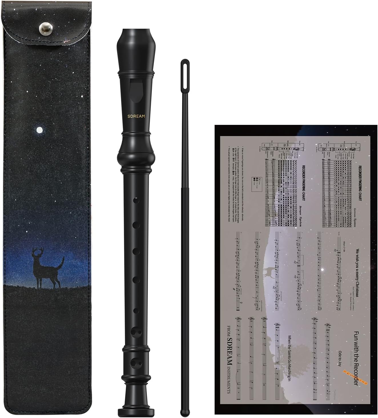 SDREAM Soprano Recorder Instrument for Kids Beginners&Student,8 Hole German Fingering Recorder Flute with Cleaning Rod & Leather Bag (Black)