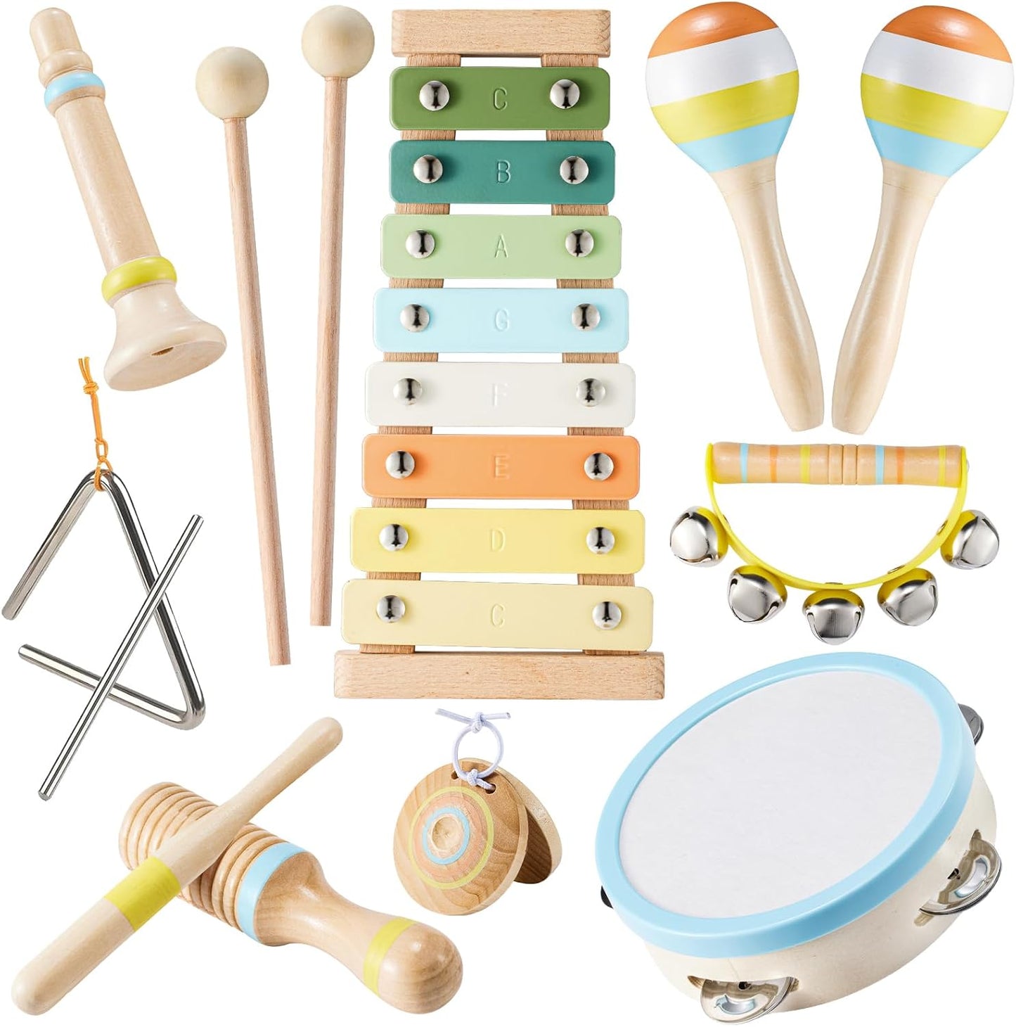 Baby Musical Instruments Set Montessori Wooden Music Toys for Toddlers 1 2 3 Neutral Color Percussion Music Kit with Drum, Xylophone,Storage Bag, Birthday Preschool Learning Gift for Boys Girls