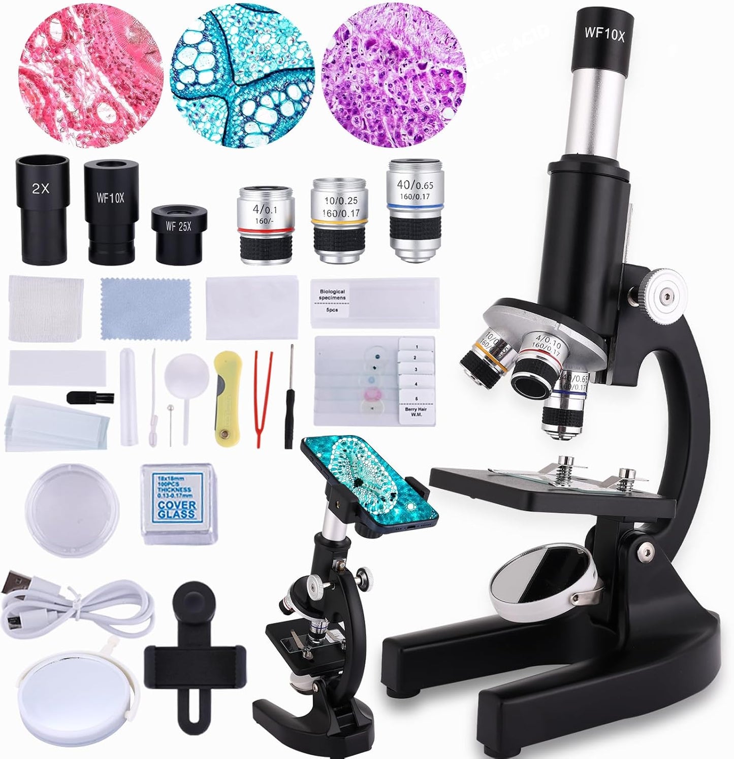 Microscope for Kids 40X-2000X, Microscope for Children 8-12 Years Old with LED Fill Light, Slides and specimens Ideal for School Labs Homeschooling