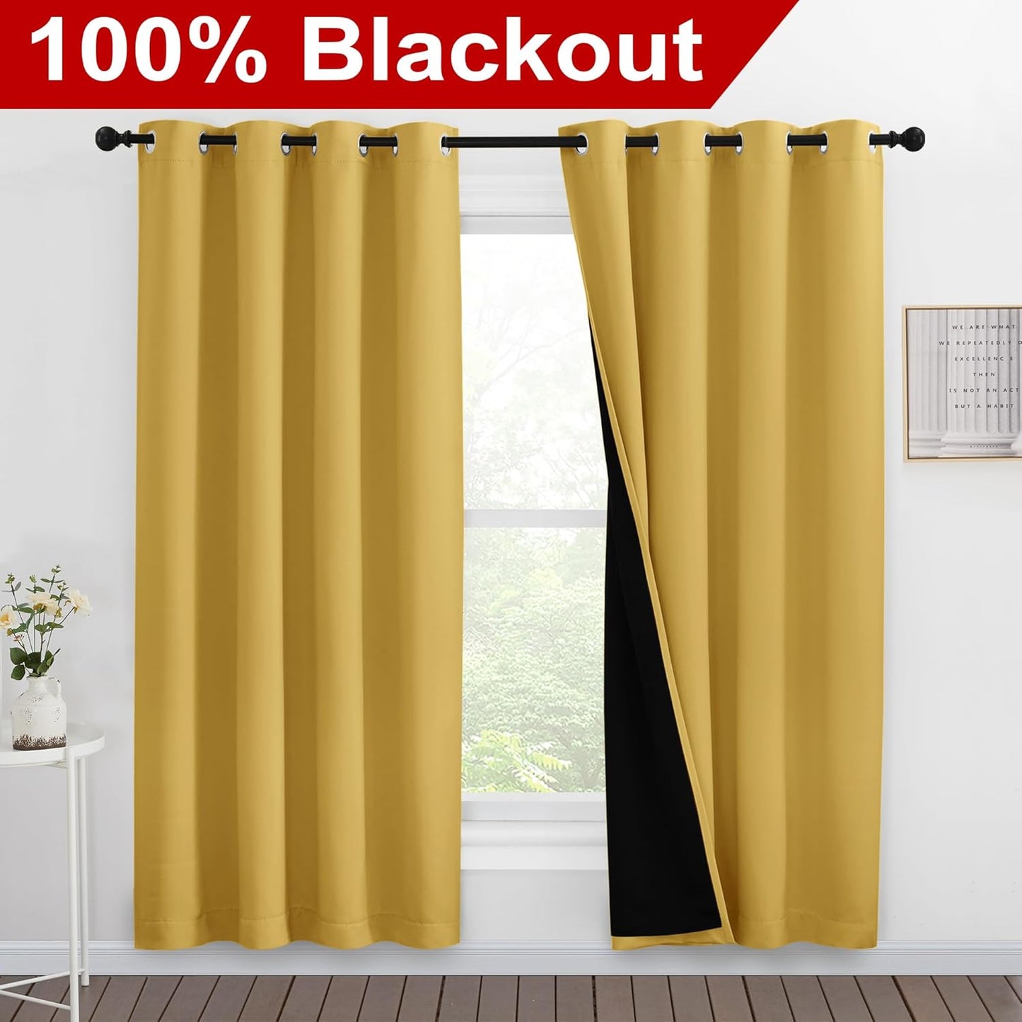 NICETOWN Bright Yellow Full Shade Curtain Panels, Pair of Energy Smart & Noise Blocking Out Blackout Drapes for Dining Room Window, Thermal Insulated Guest Room Lined Window Dressing, 55 x 78 inch