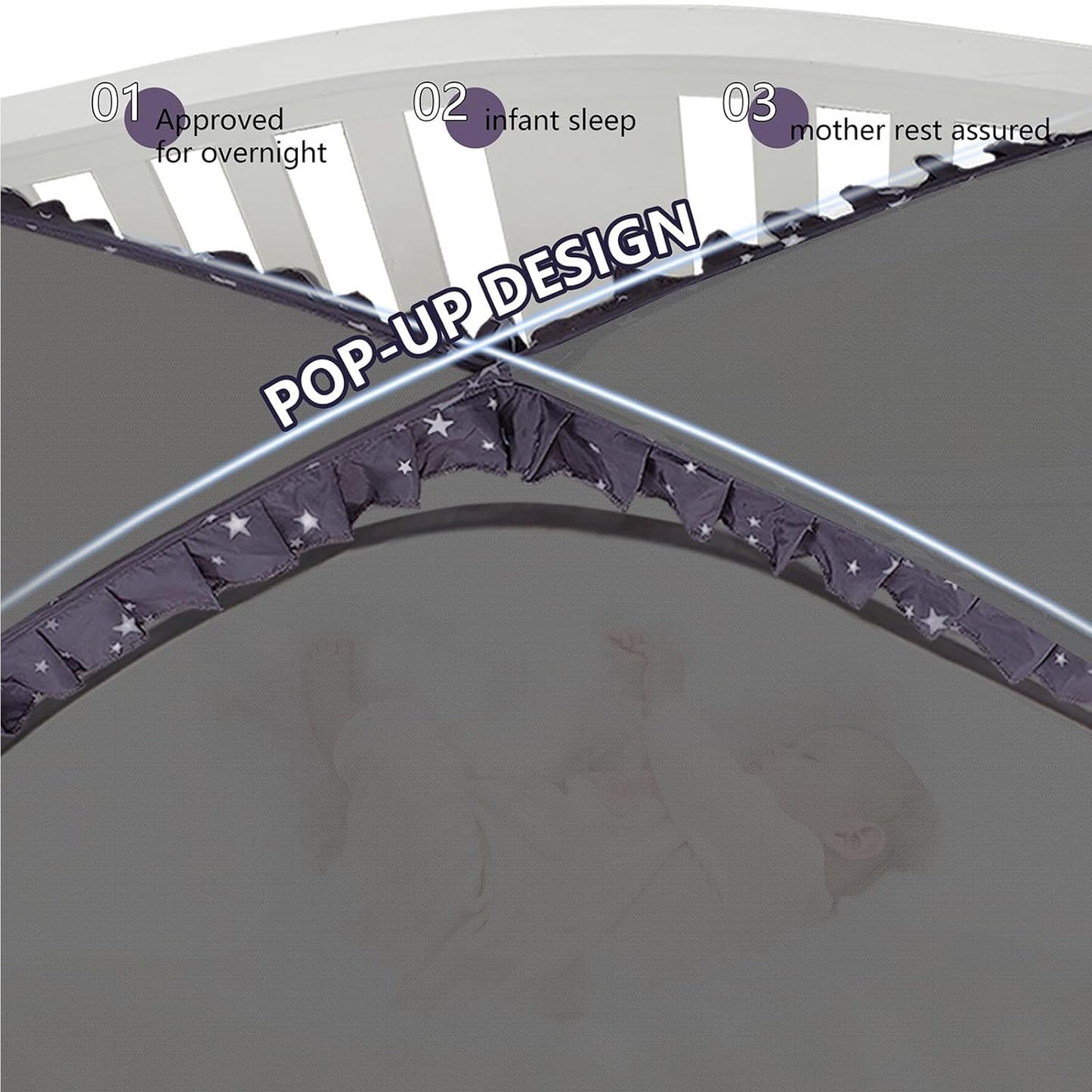 Baby Safety Crib Tent Infant Pop up Mosquito Net Nursery Bed Canopy Netting Cover - Keep Baby from Climbing Out with Hanging Diaper Storage Bag (Dark Gray)