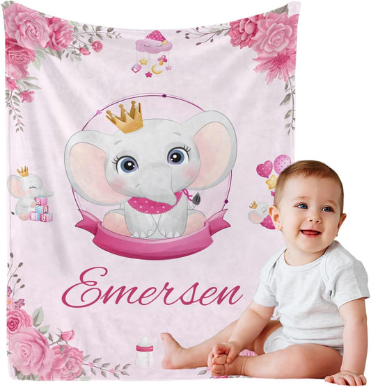 Personalized Baby Blanket with Name, Custom Pink Elephant Name Blanket Toddler Girls Soft Flannne Swaddling Blankets Customized Memorial Gift from Nana for Infant Newborn Shower