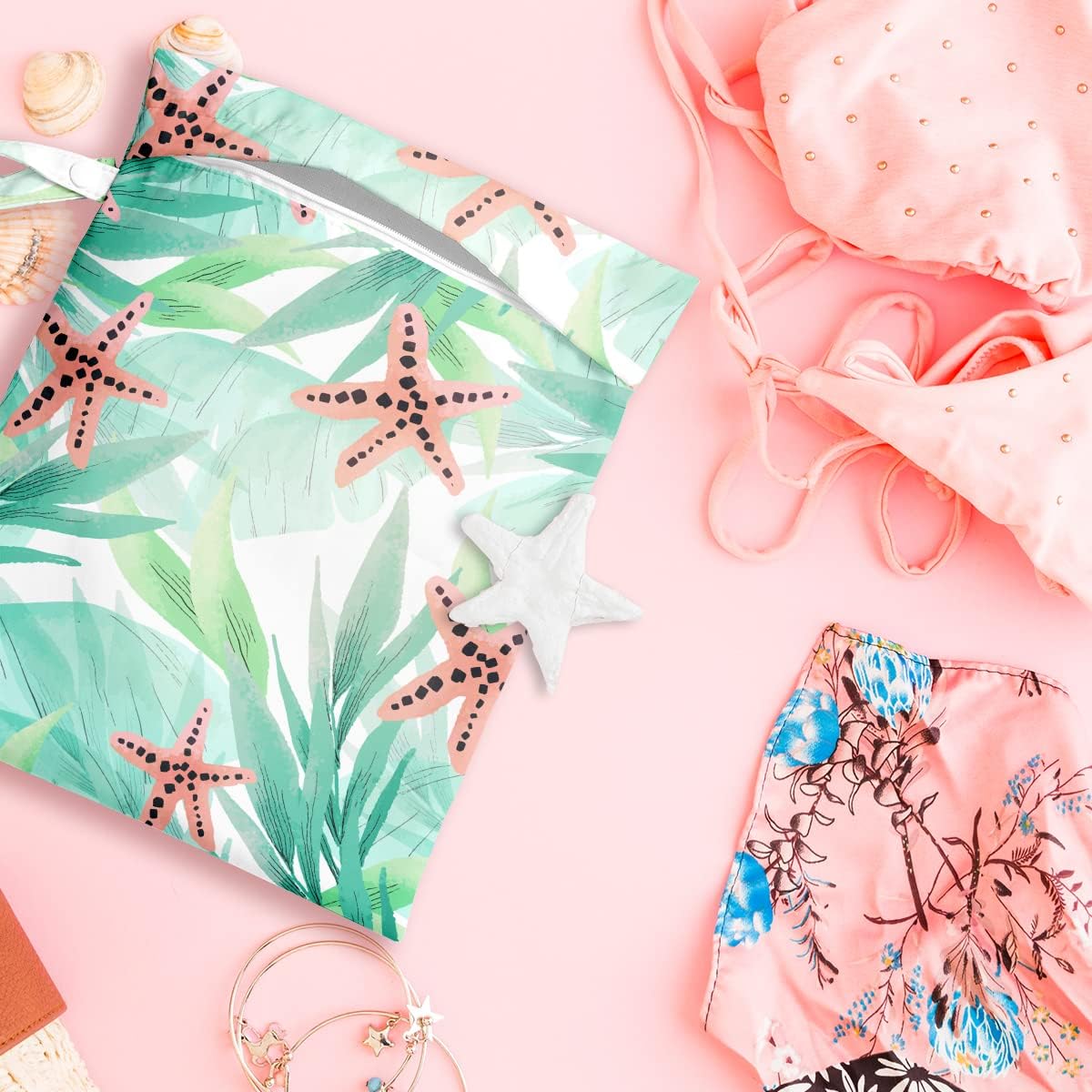 Wet Bag, Wet Dry Bag, Wet Bag for Swimsuit, Travel, Beach, Pool, Diapers, Dirty Yoga Gym Clothes, Makeup Bag, Waterproof Reusable Beach Bag Ocean Decor Starfish Sea Horse Anchor
