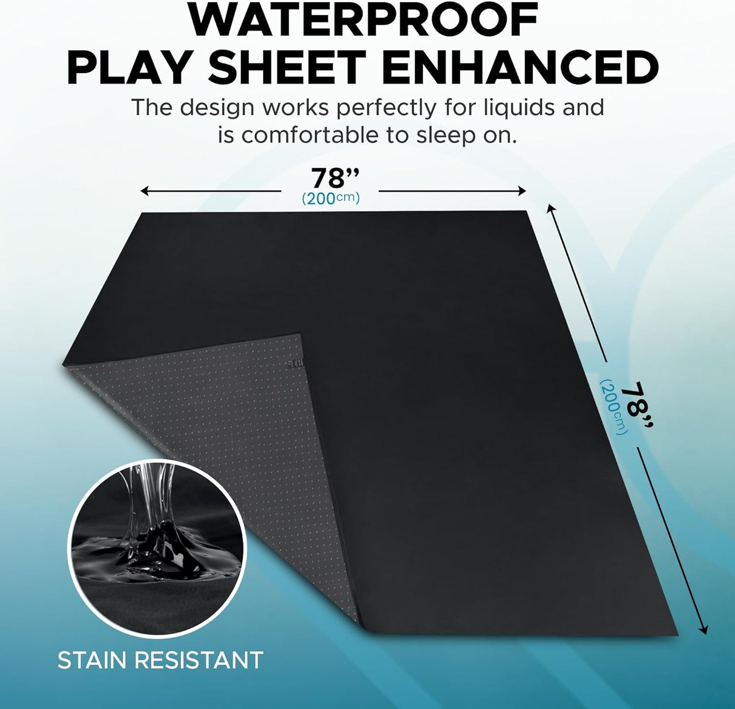 Black Waterproof Flat Play Sheet (79”x79”), Anti-Slip Mattress Topper with Strengthened Grip, Protector Cover, Safe with Oil, Water, & Silicone-Based Massage Products, Hypoallergenic, Machine Washable