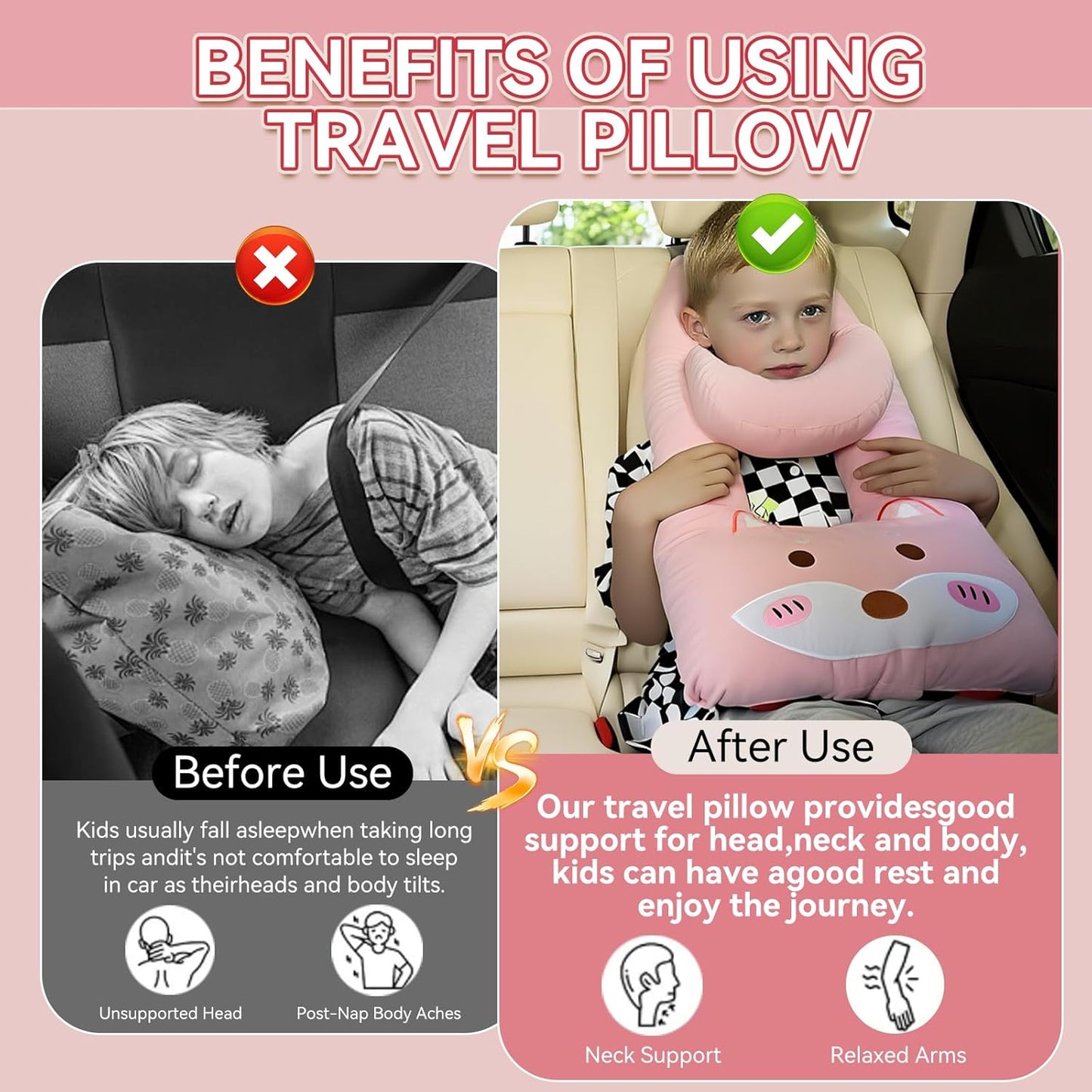 Travel Pillow,Car Pillow Kids Car Seat Pillow U Shaped Pillow for Travel Skin-Friendly Material The Sleeping Aid for Adults and Kids on Road Trips (Pink)