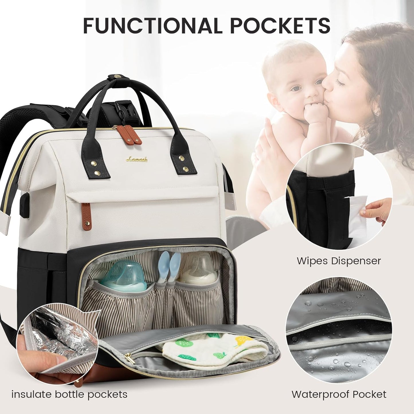LOVEVOOK Diaper Bag Backpack, Baby Bag with Changing Station, Large Diaper Backpack for Mom Dads, Waterproof Mommy Bag for Boy and Girl, Travel Essential Baby Shower, Black-Beige