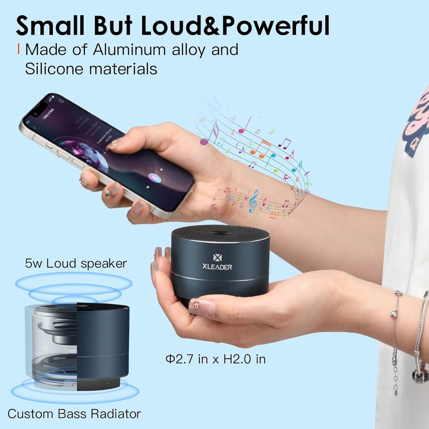 XLEADER Small Bluetooth Speaker, IPX6 Waterproof Shower Speaker, Crystal Sound&Rich Bass, 12H Playtime, with Silicone Lanyard and Suction Cup, Perfect for Laptop, Computer, Car, Bathroom, Ideal Gifts