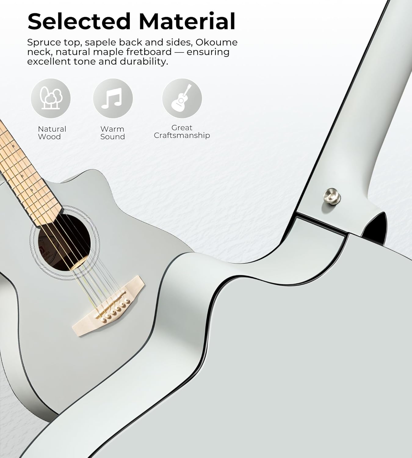 Vangoa Acoustic Guitar 3/4 Size Adult Kit, 36 In Semi Jumbo Cutaway Junior Guitars Set, 6 String Guitarra Starter Bundle with Gig Bag for Beginners Students, Light Gray