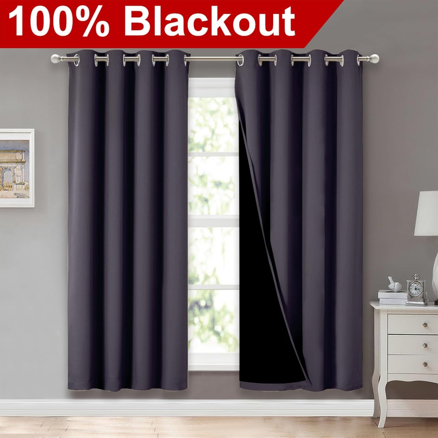 NICETOWN 100% Blackout Window Curtain Panels, Greyish Purple, 2 Pieces, 52" Wide Per Panel, Full Light Blocking Drapes with Black Liner for Nursery, 72" Drop Thermal Insulated Draperies