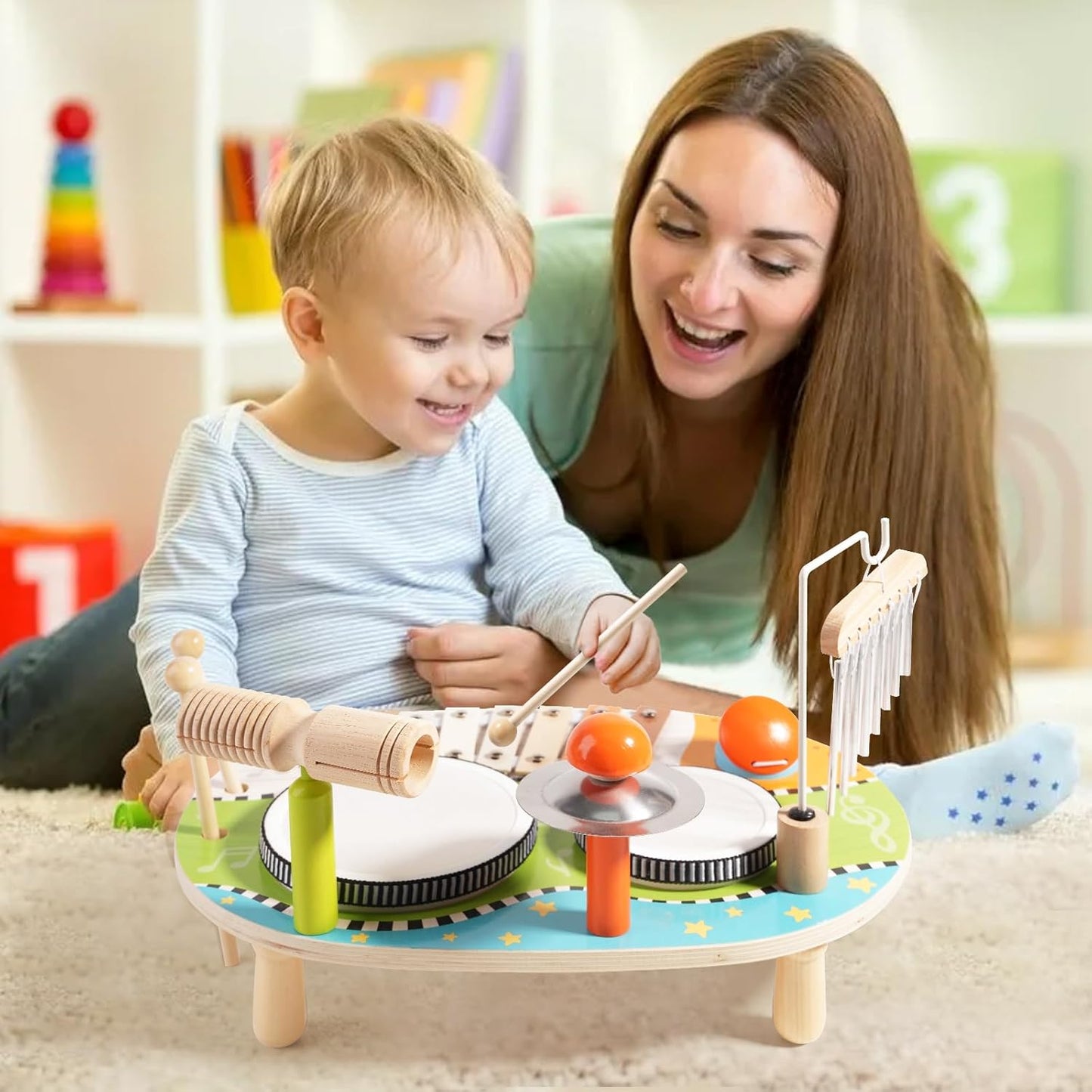 Kids Drum Set for Toddlers, Wooden Musical Instruments Baby Preschool Educational Musical Toys, Xylophone Wind Chime Kids Music Set Sensory Toys Birthday Gifts for Girls Boys