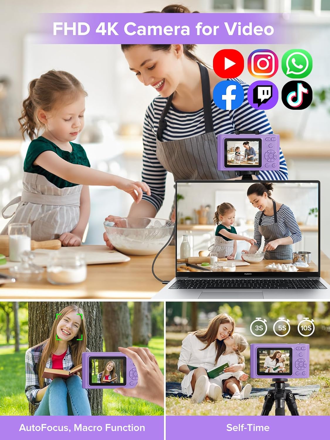 Digital Camera, Kids Camera1080P, Vlog Camera with 64GB Card, 16X Zoom Anti Shake, Card Reader, 44MP Compact Portable Small Point Shoot Digicam Gift for Kid Student Children Teen Girl Boy(Pruple)