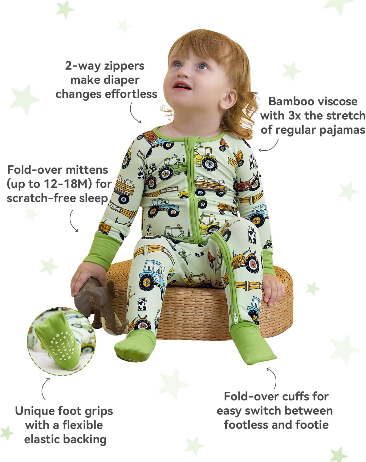 Bamboo Viscose Baby Convertible Footie Pajama, Zipper Pajamas for Baby Boys & Girls, Sleep & Play Footed Pjs