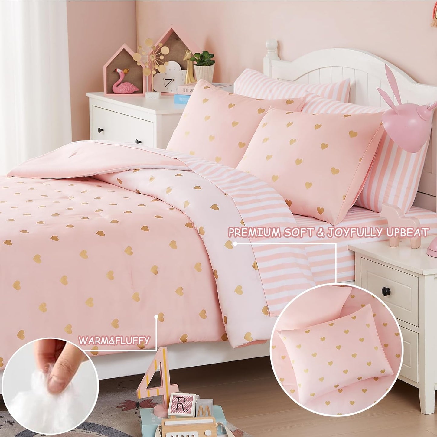 Full Size Comforter Sets with Sheets for Girls-7 Pieces Full Size Bedding Sets with Pink Comforter, Sheets, Pillowcases & Shams for Kids (Pink Gold Heart, 76" X 86")