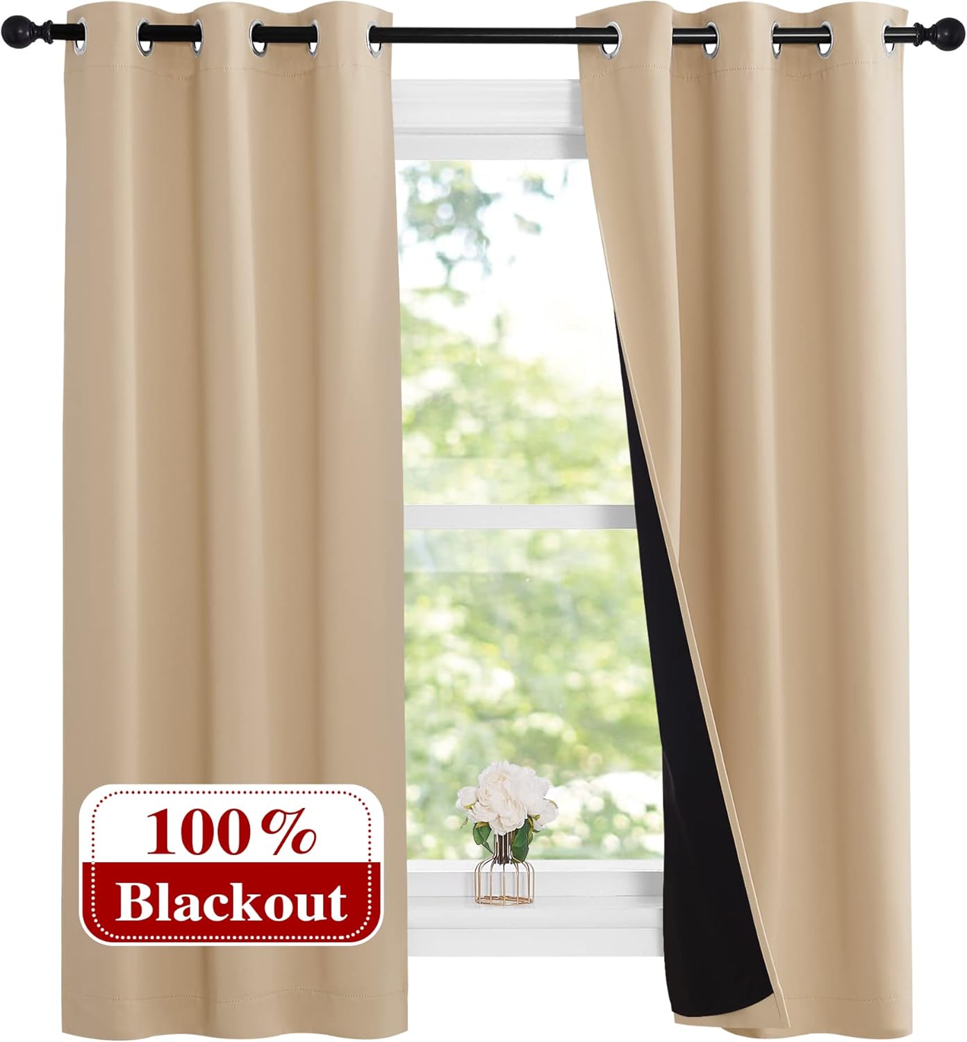 NICETOWN Bedroom Full Blackout Curtain Panels, Super Thick Insulated Grommet Drapes, Double-Layer Blackout Draperies with Black Liner for Small Window (Set of 2 Pcs, 37 by 63-inch, Biscotti Beige)