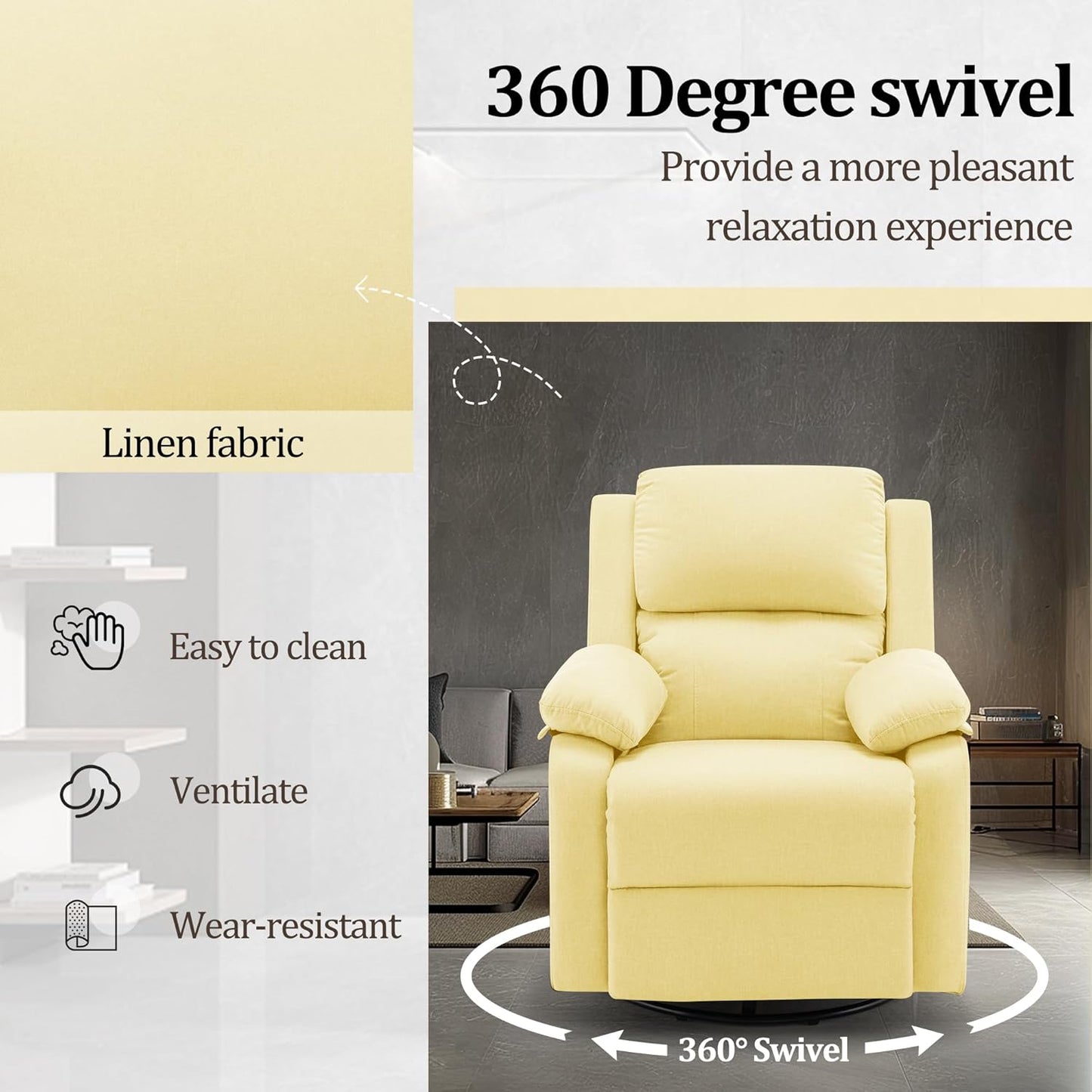 Recliner Chair, 360 Swivel Rocker Chair for Adults, Small Rocking Recliner for Small Spaces, Upholstered Fabric Glider Recliner Nursery Chair with Side Pockets for Living Room, Nursery