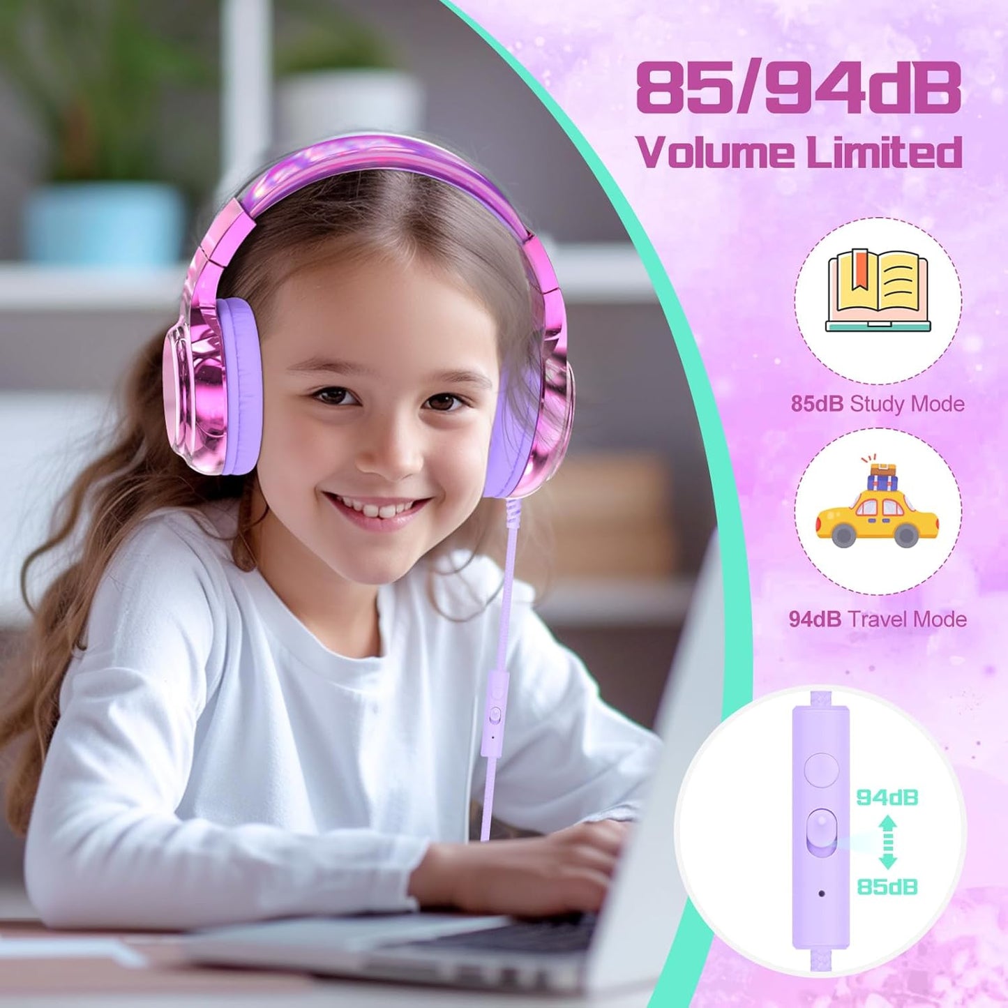 QearFun Kids Headphones Wired with Mic, 85/94dB Safe Volume Limit, Foldable Over Ear, Tangle-Free Cord & Sharing Port, Wired On-Ear Headset for School, Chromebook, Tablet, Travel - Boys & Girls