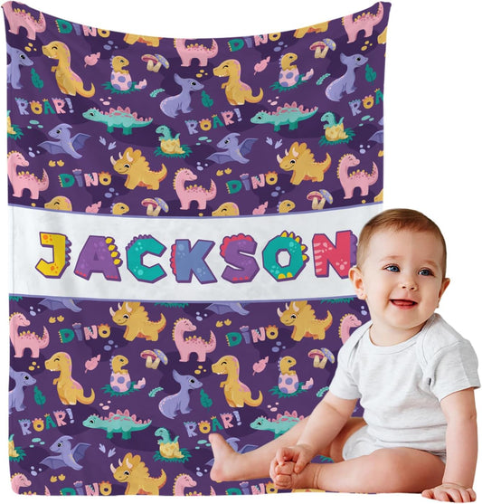 Personalized Dinasour Name Baby Blanket, Custom Cute Alphabet Name Blanket Toddler Boy Soft Flannne Swaddling Blankets Customized Monogram Memorial Gift from Nana for Infant Newborn Shower