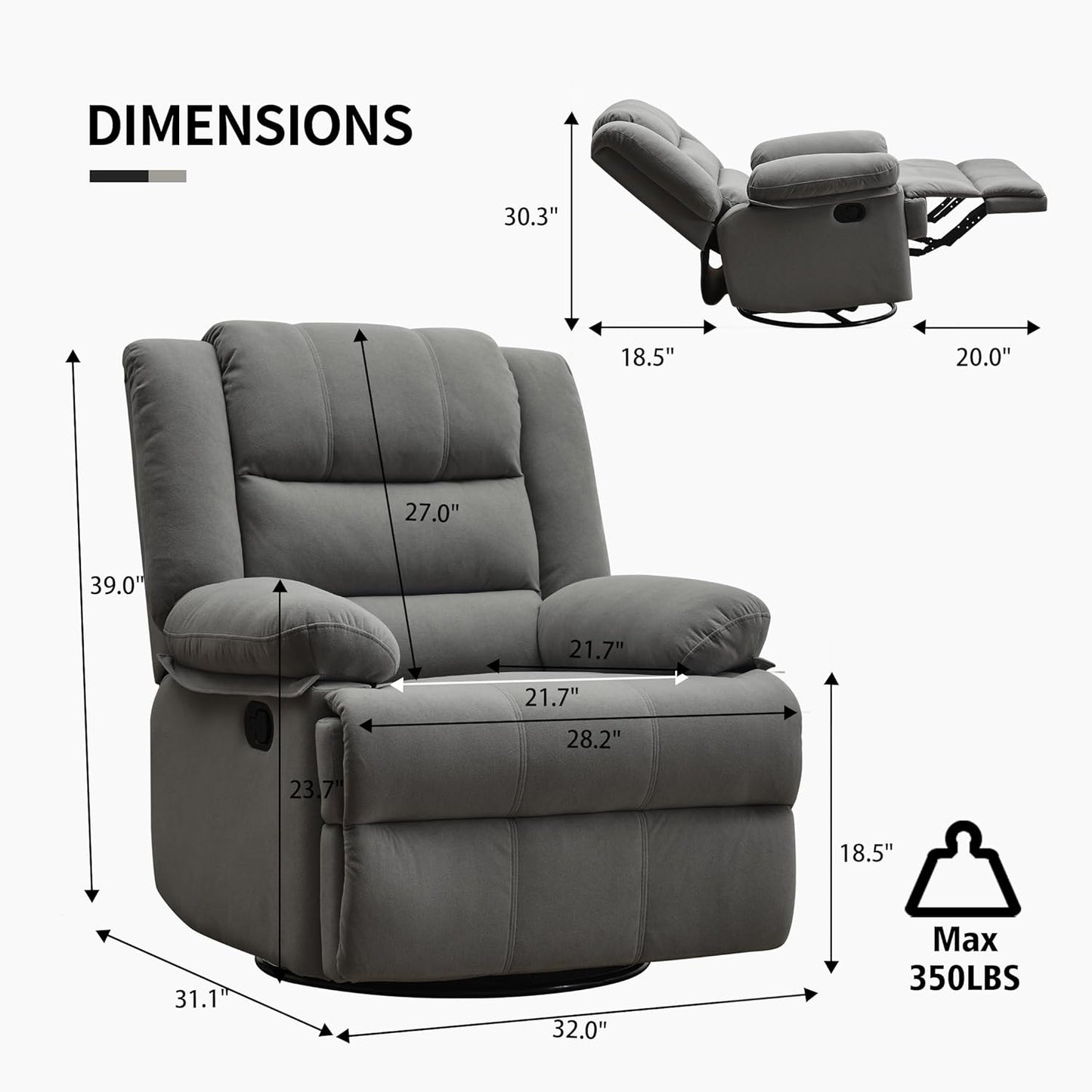 Swivel Rocking Recliner Chair for Adults, Overstuffed Manual Glider Rocker Recliner Chairs, Upholstered Reclining Single Sofa for Living Room Nursery (Grey)