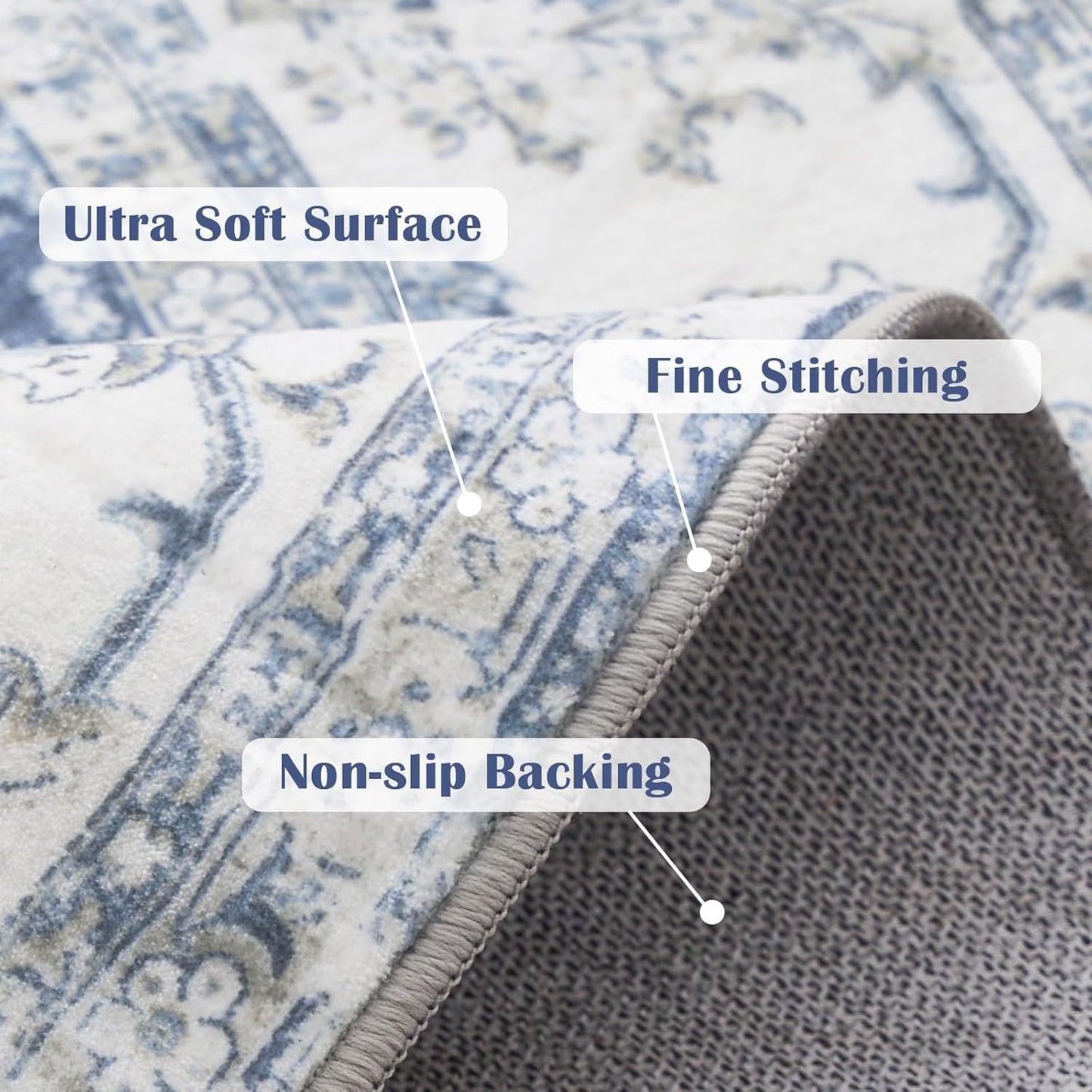 jinchan Round Rug 4ft Area Rug - Indoor Vintage Hallway Circle 4' Washable - Ultra-Thin Low Pile Soft Small Non Slip Distressed Floral Print for Living Room Dining Room Bedroom Entryway Dark Blue