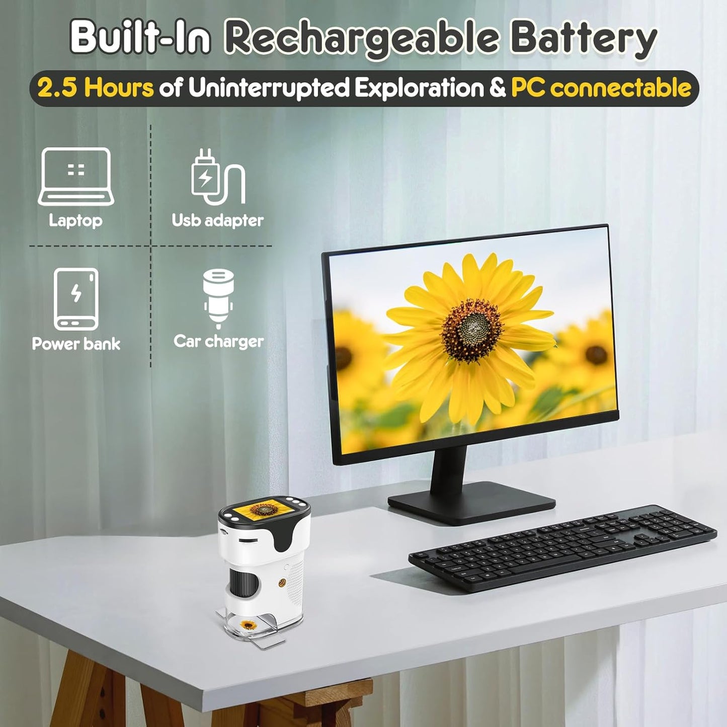 1000X Handheld Microscope for Kids 4K 2.0" Screen Rechargeable Mini Pocket Digital Microscopes w/Slides Kit Portable Edu Gift Age 4-6 8-12 Children Students (White)