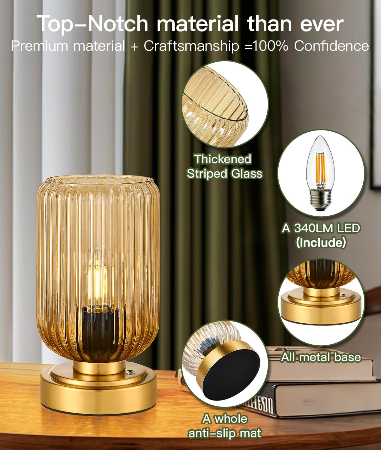 Touch Table Lamp for Nightstand - Small Bedside Lamps for Night Stands Bedroom Living Room, Dimmable Rechargeable Desk Lamp Battery Operated with Amber Glass Shade, Bulb Included