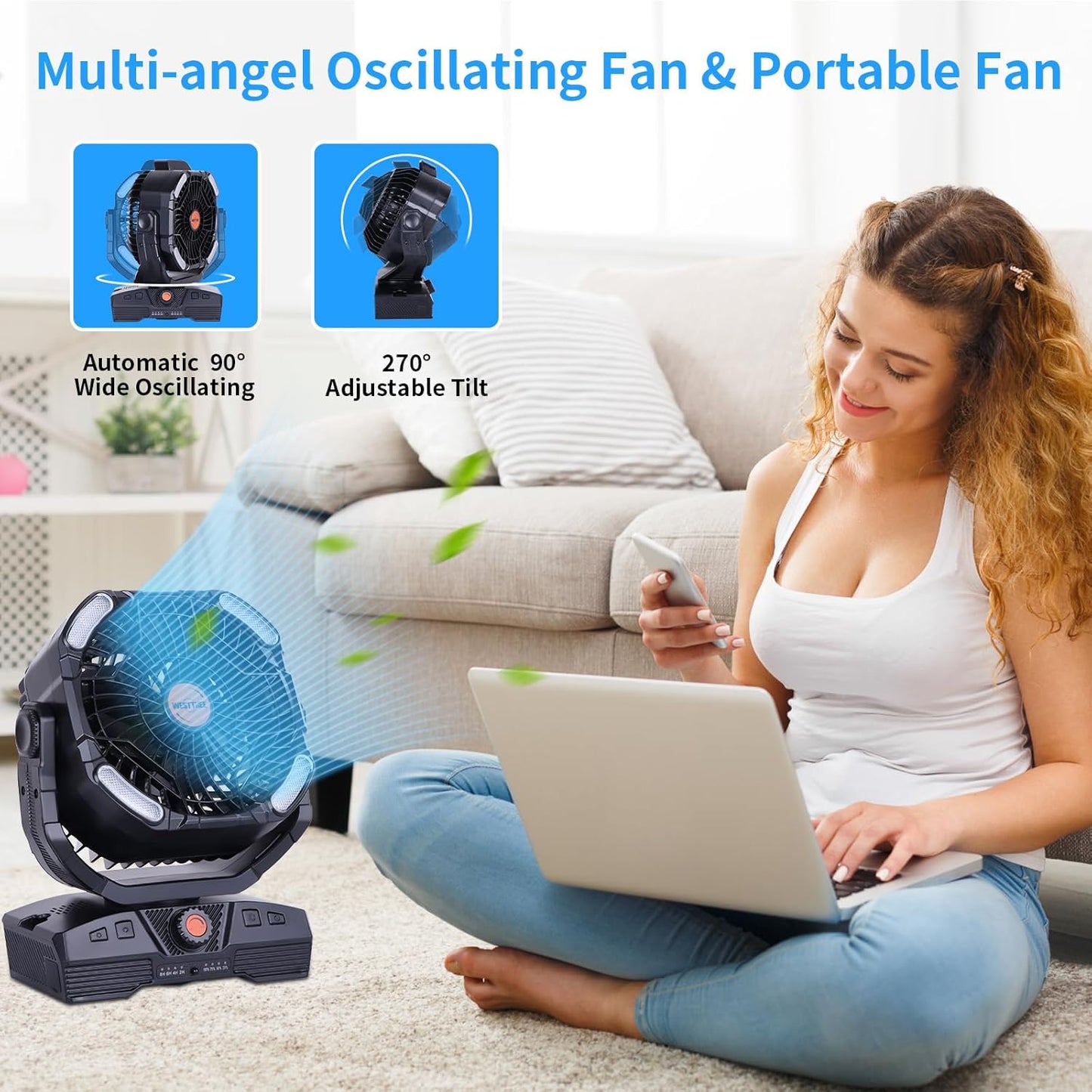 Camping Fan 20000mAh Rechargeable Battery Operated fan Outdoor Tent Fan with Light & Hook 270° Pivot, knob Speeds, Personal USB Desk Fan for Camping Power Outage Jobsite Black X68