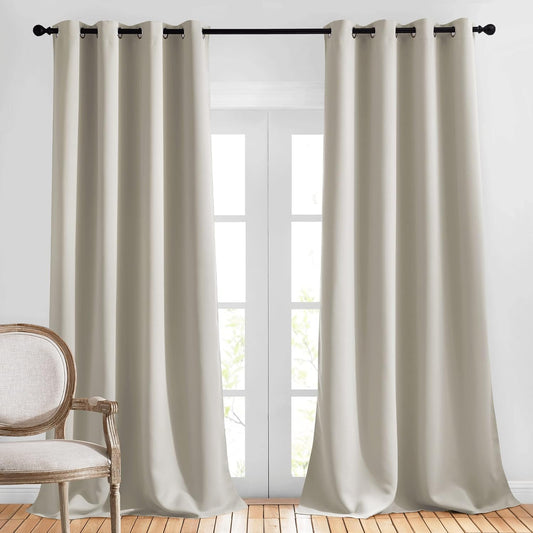 NICETOWN Room Darkening Curtains for Living Room, Grommet Window Treatment Thermal Insulated Solid Sound Reducing Drapes for Bedroom, Natural, Set of 2, W52 x L102