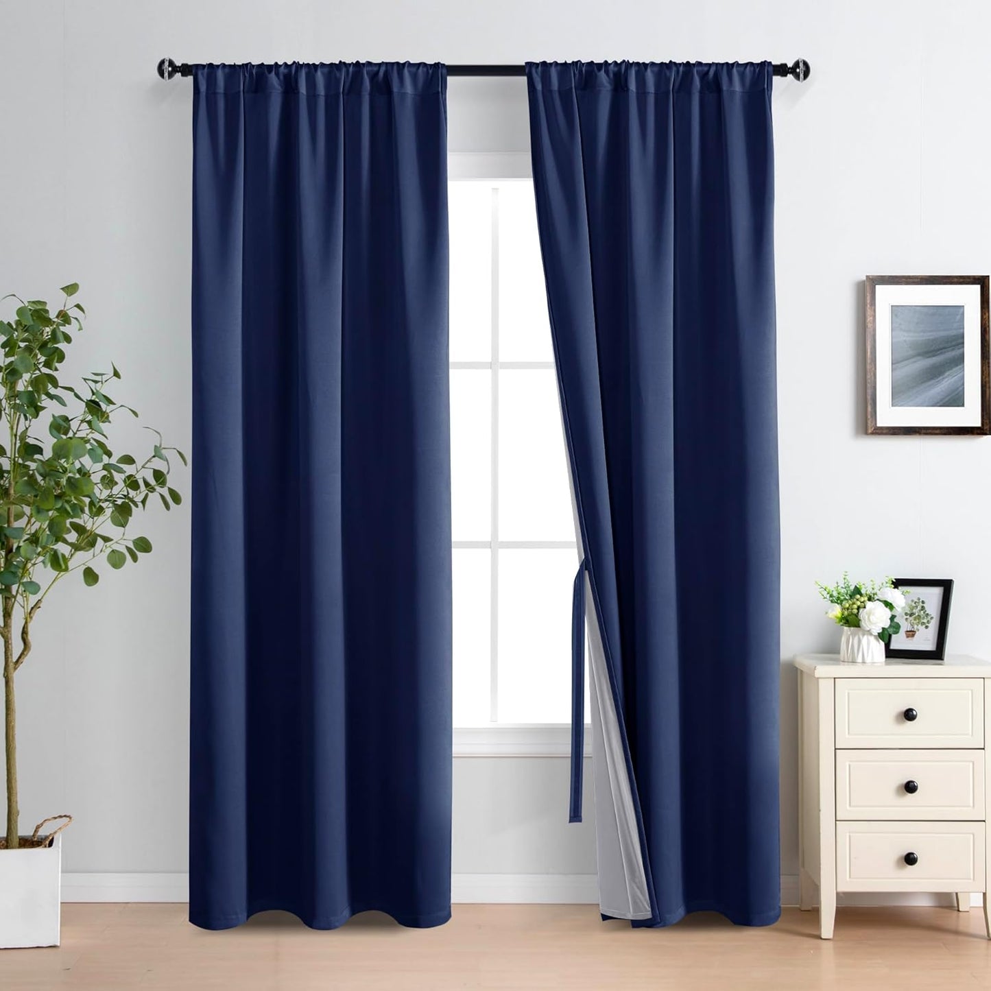 XWZO Full Shading Blackout Curtains 84 Inches Length with Tiebacks- Heat and Light Blocking Rod Pocket Window Drapes with Black Liner Backing for Bedroom/Kid's Room, Navy Blue, W42 x L84, Set of 2