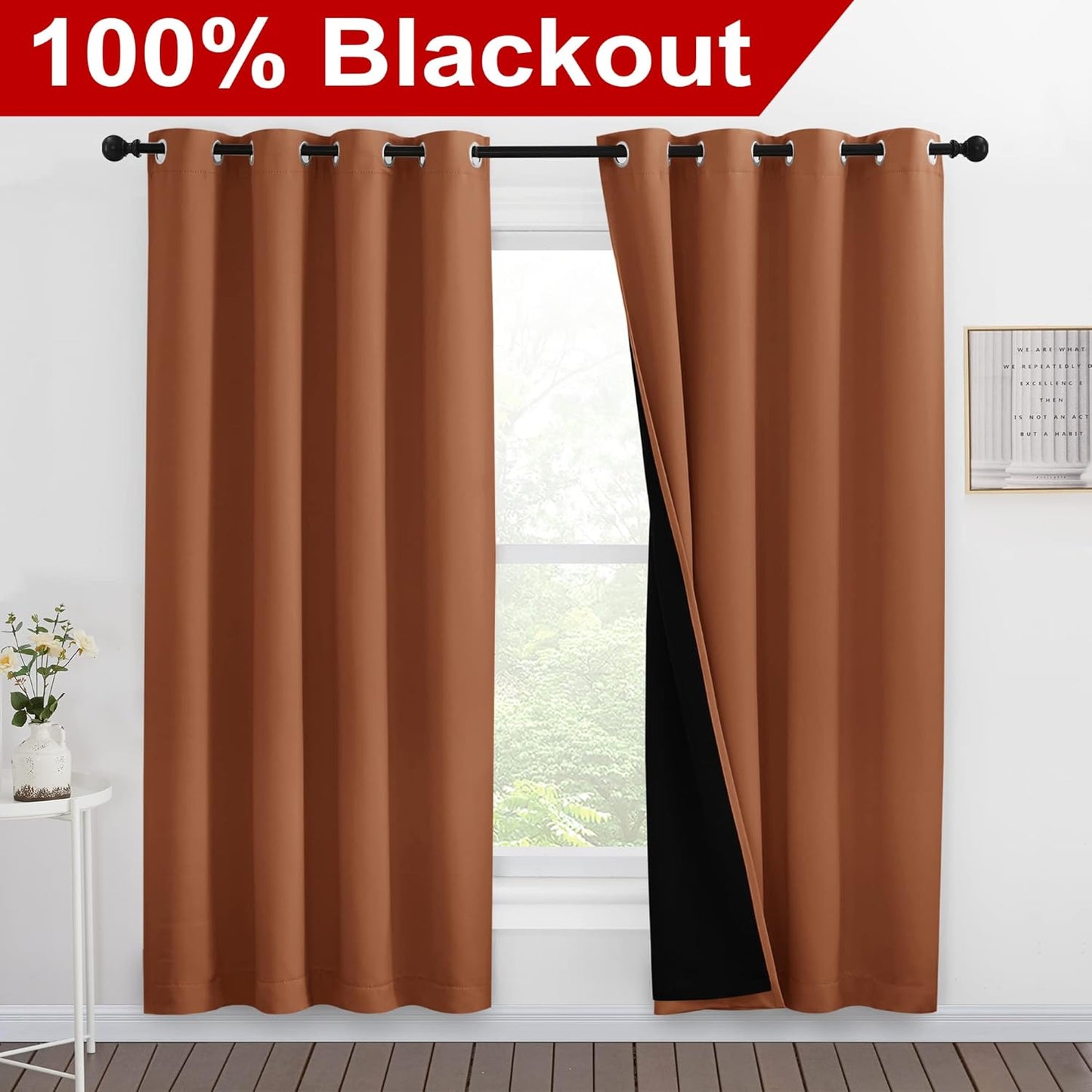 NICETOWN 100% Blackout Window Curtain Panels, Full Light Blocking Drapes with Black Liner for Nursery, 78-inch Drop Thermal Insulated Draperies (Burnt Orange, 2 Pieces, 55-inch Wide Per Panel)